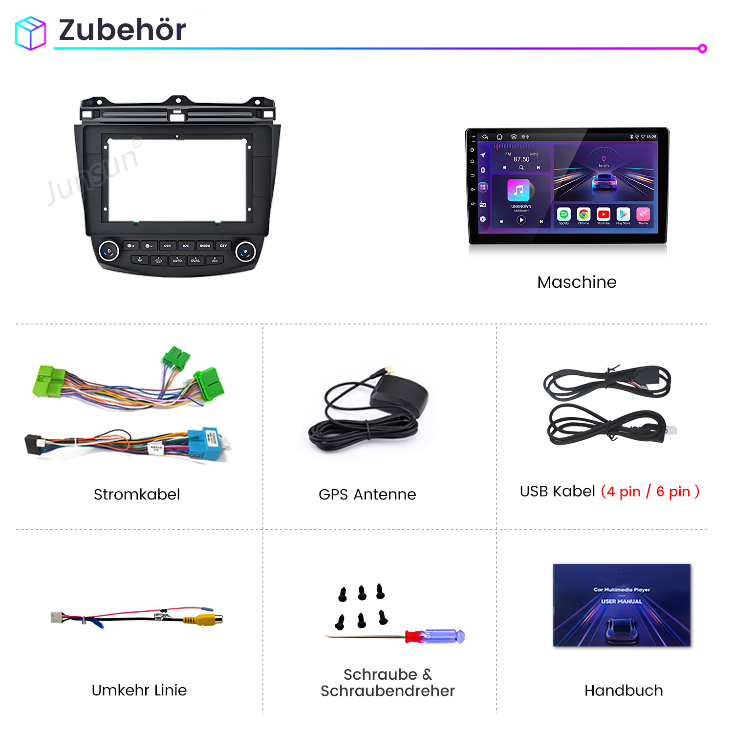 Zubehör: Einbaurahmen, Touchscreen-Radio, Kabel, Antenne, Schrauben und Handbuch.