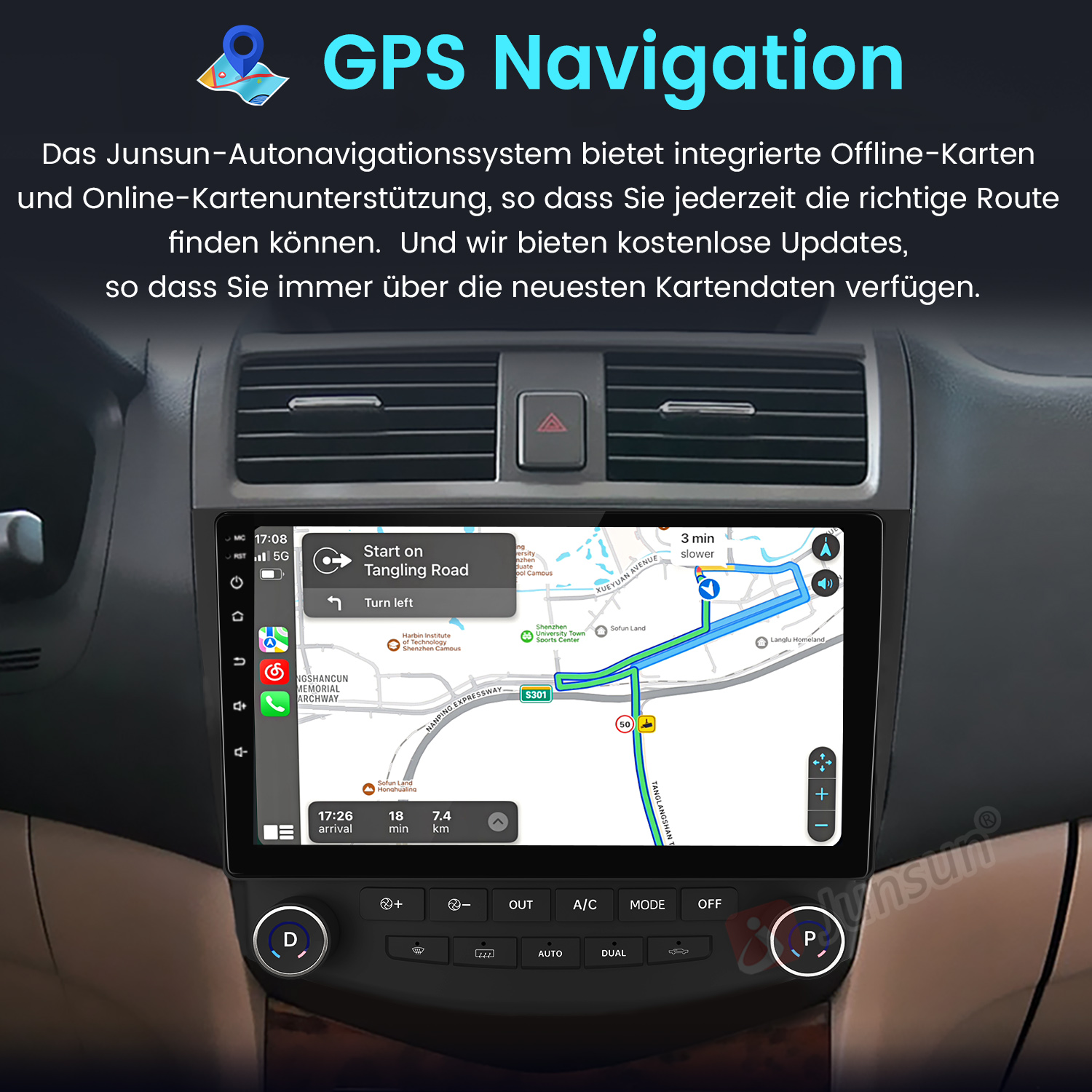 Das Navigationsdisplay eines Autos zeigt eine Karte mit einer Route und Fahranweisungen.