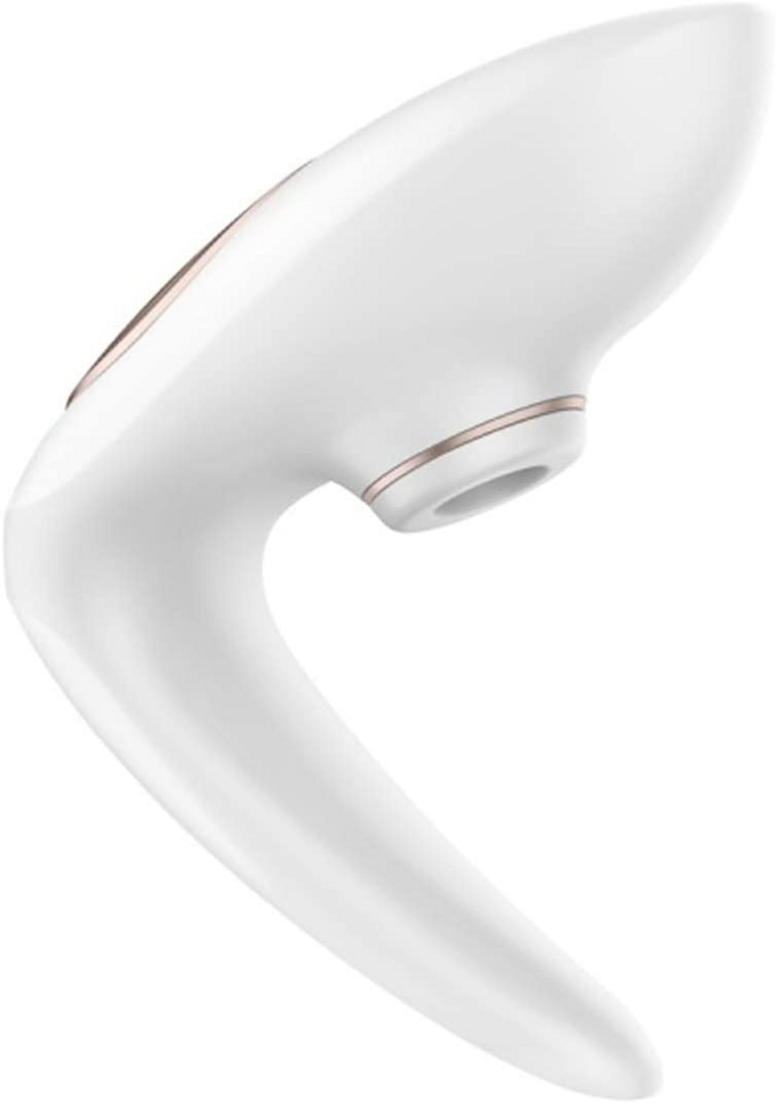 Białe, ergonomicznie ukształtowane urządzenie z akcentami w kolorze różowego złota.