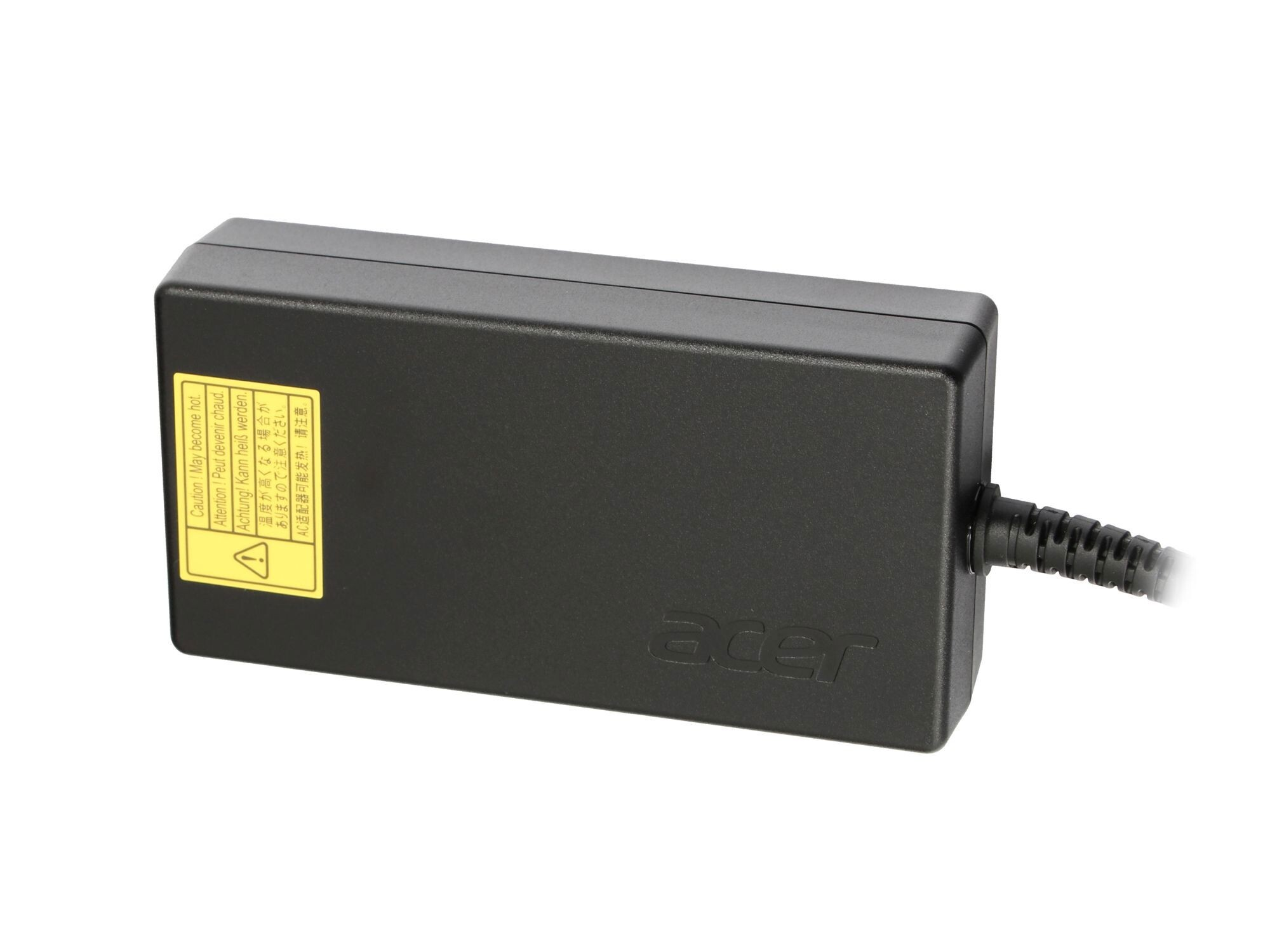 Schwarzes Acer Netzteil mit Warnhinweisen und Kabel.