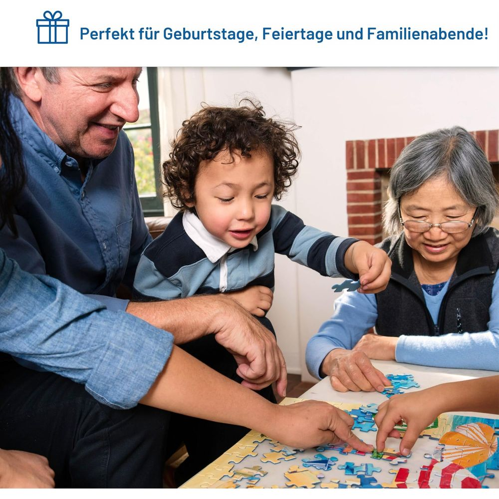 Una famiglia fa un puzzle insieme. Nonni e nipoti a un tavolo.