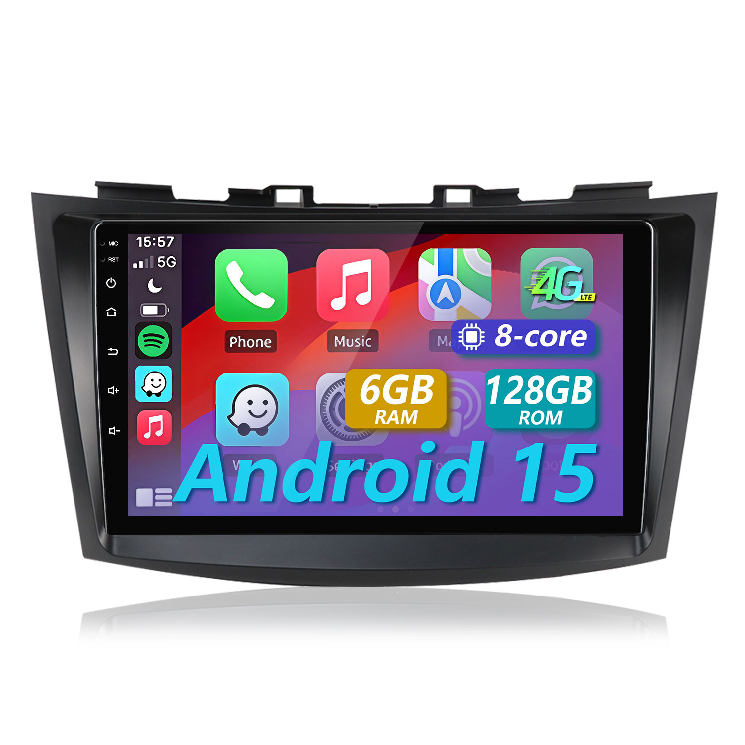 Ein Autoradio-Bildschirm mit Android 15, Apps wie Telefon, Musik und 4G LTE.