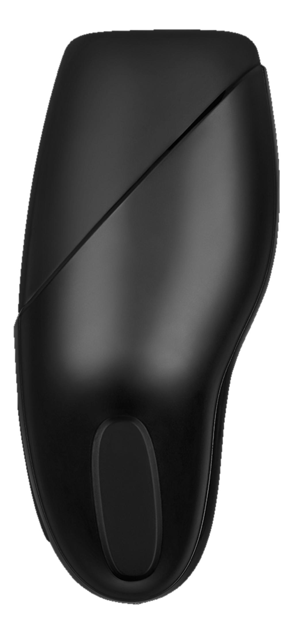 Czarny, ergonomiczny projekt pilota z ukośną linią i owalnym wcięciem.