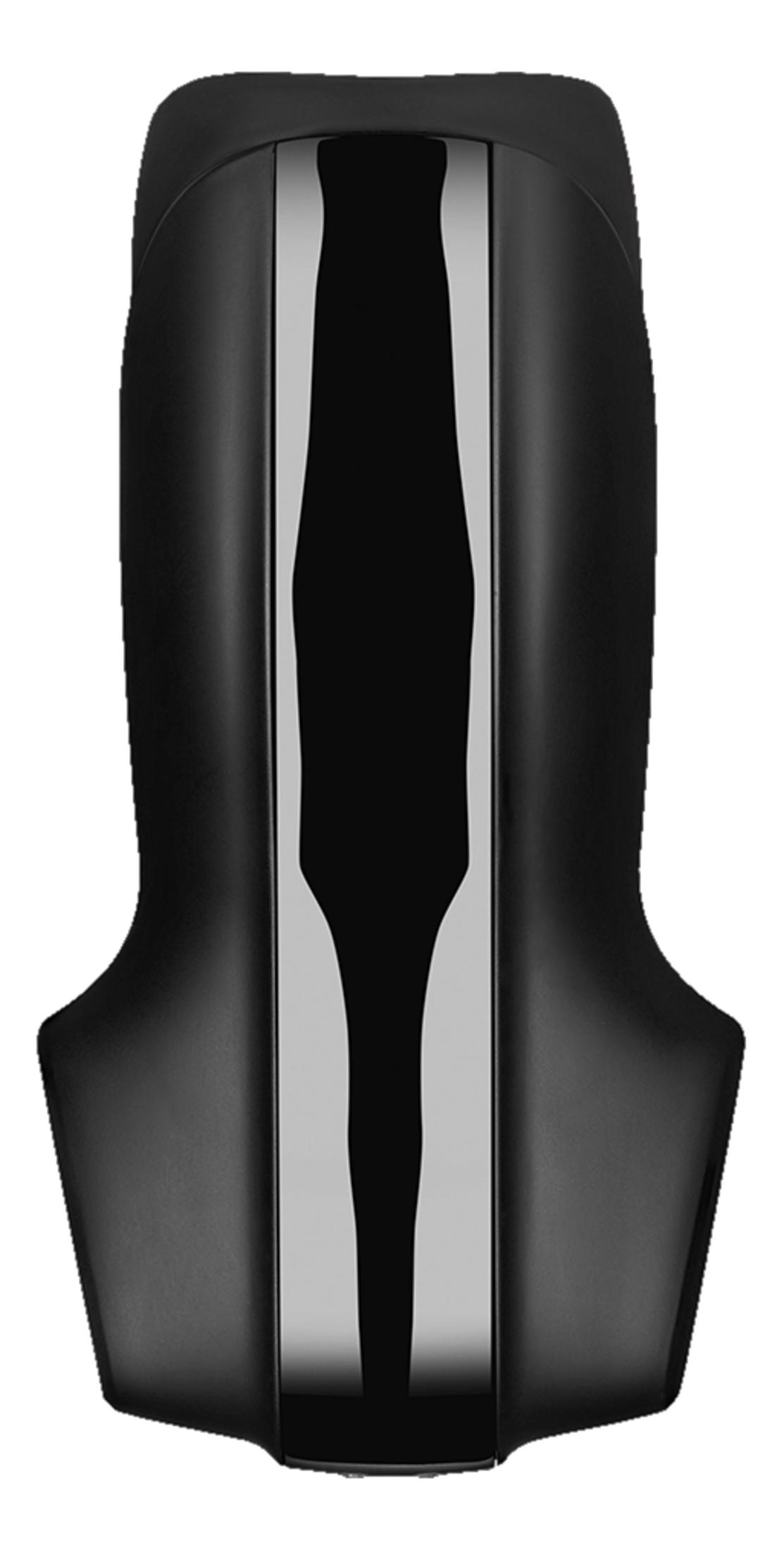 Czarny, błyszczący obiekt ze srebrnymi akcentami pośrodku.