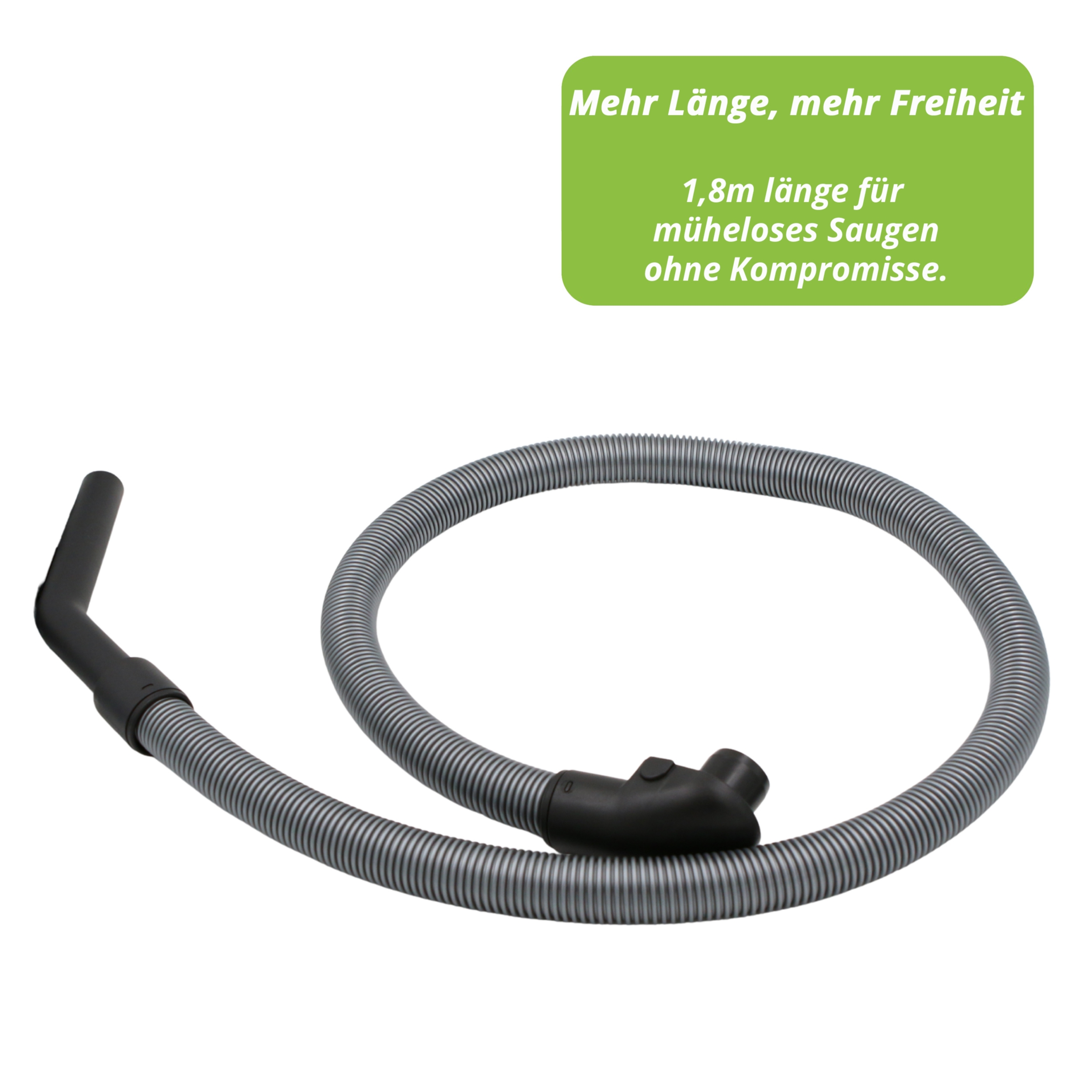 Grauer Staubsaugerschlauch mit schwarzem Griff und Anschluss.