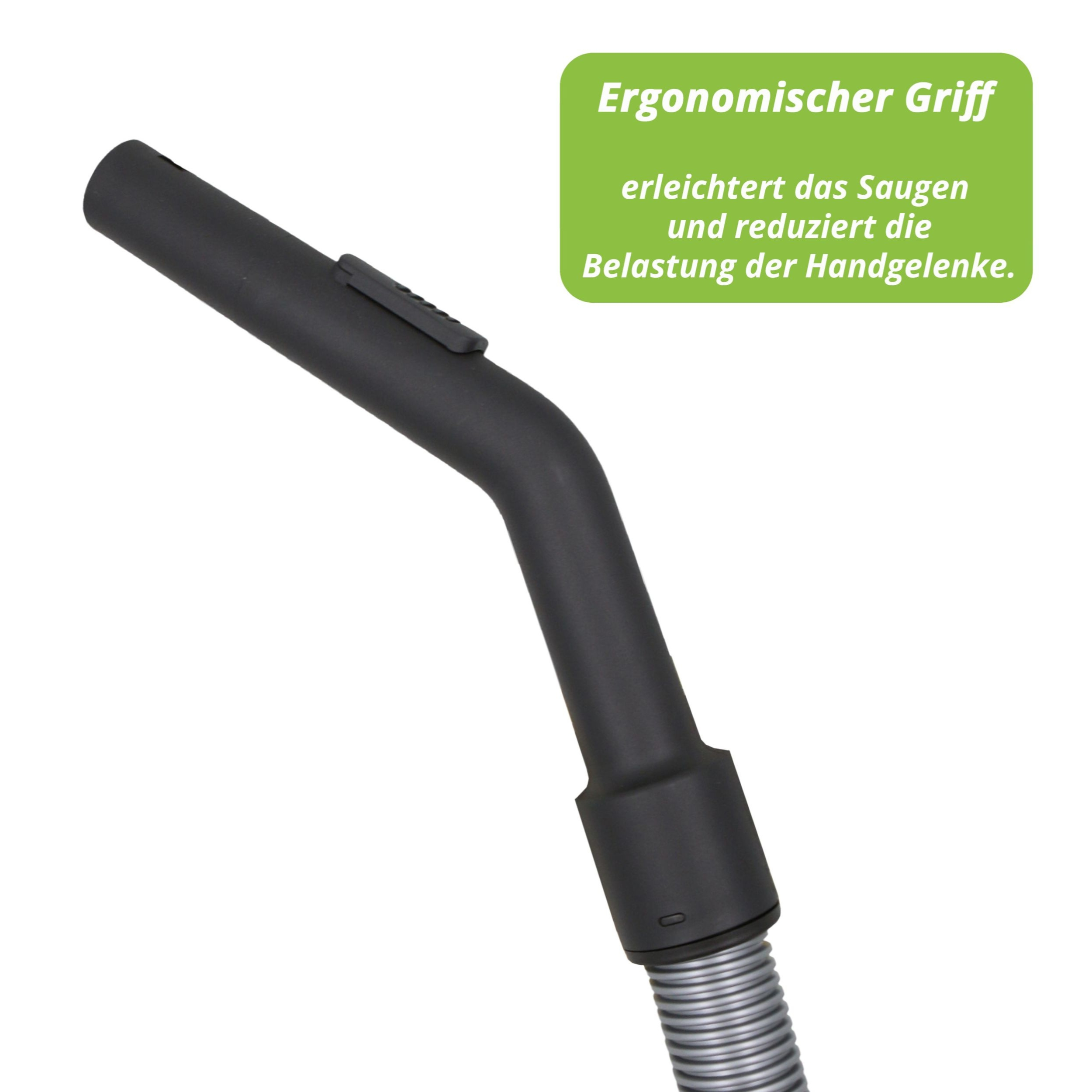 Schwarzer ergonomischer Griff mit silbernem Schlauchanschluss, auf weißem Hintergrund.