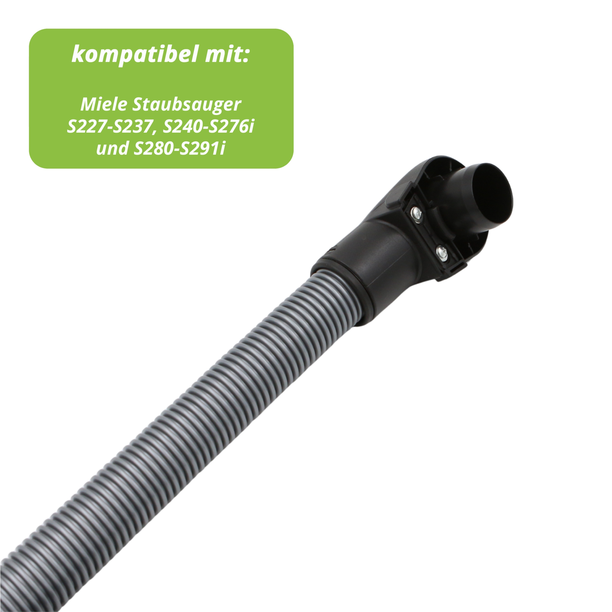 Grauer Schlauch mit schwarzem Anschluss auf weißem Hintergrund.