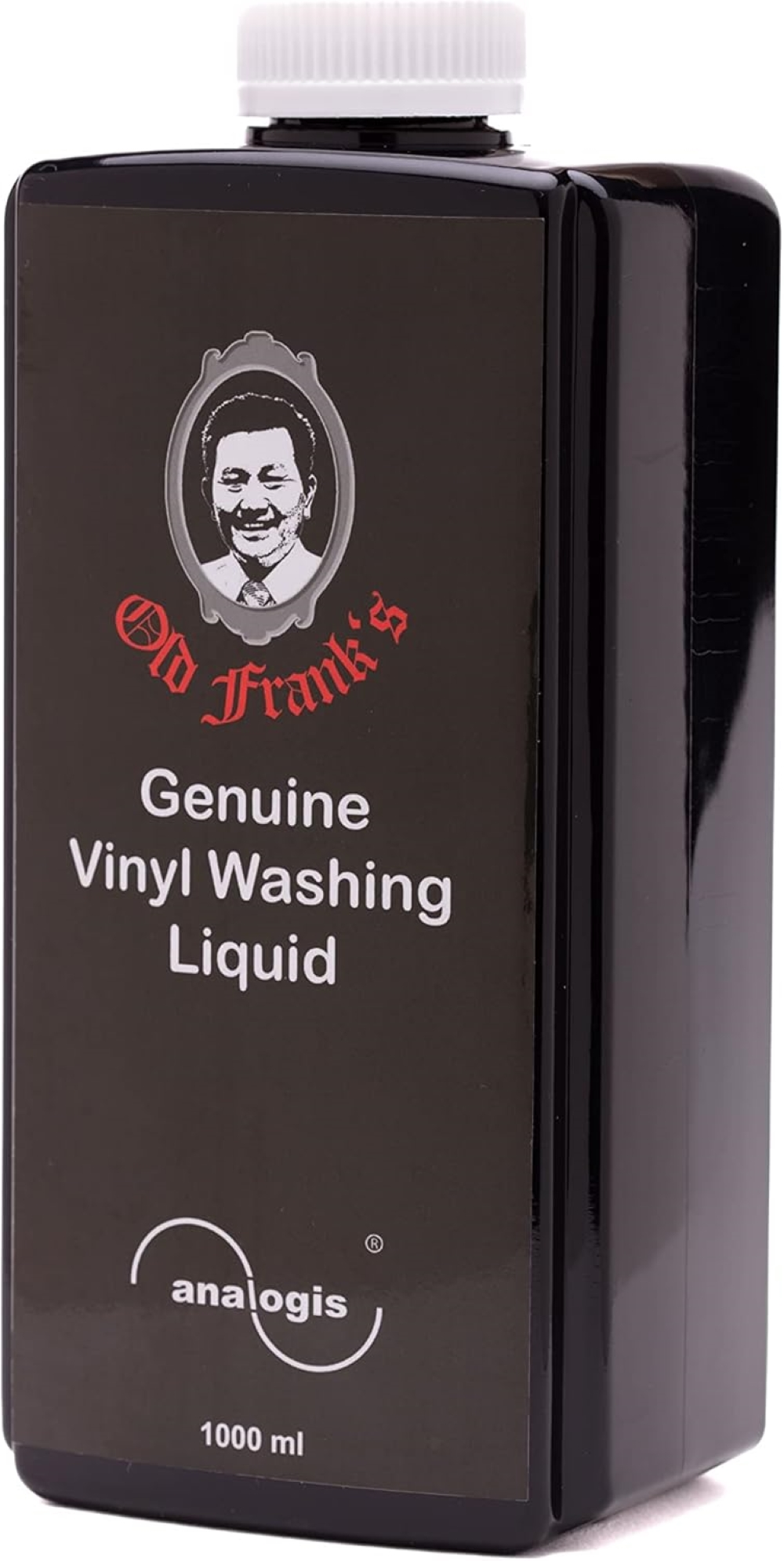 Czarna butelka z białym zamknięciem, z etykietą Old Frank's Vinyl Washing Liquid.