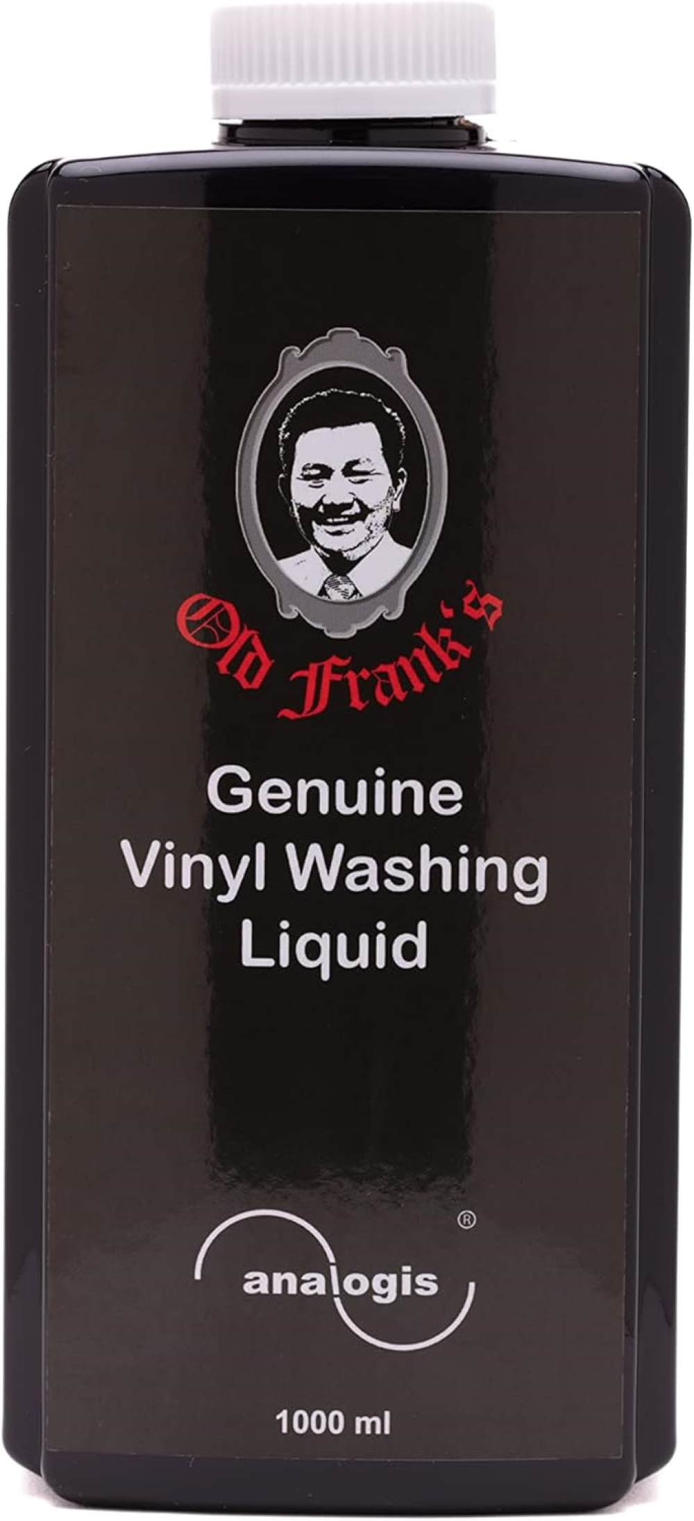 Czarna butelka z białym zamknięciem, zawiera "Old Frank's Genuine Vinyl Washing Liquid".