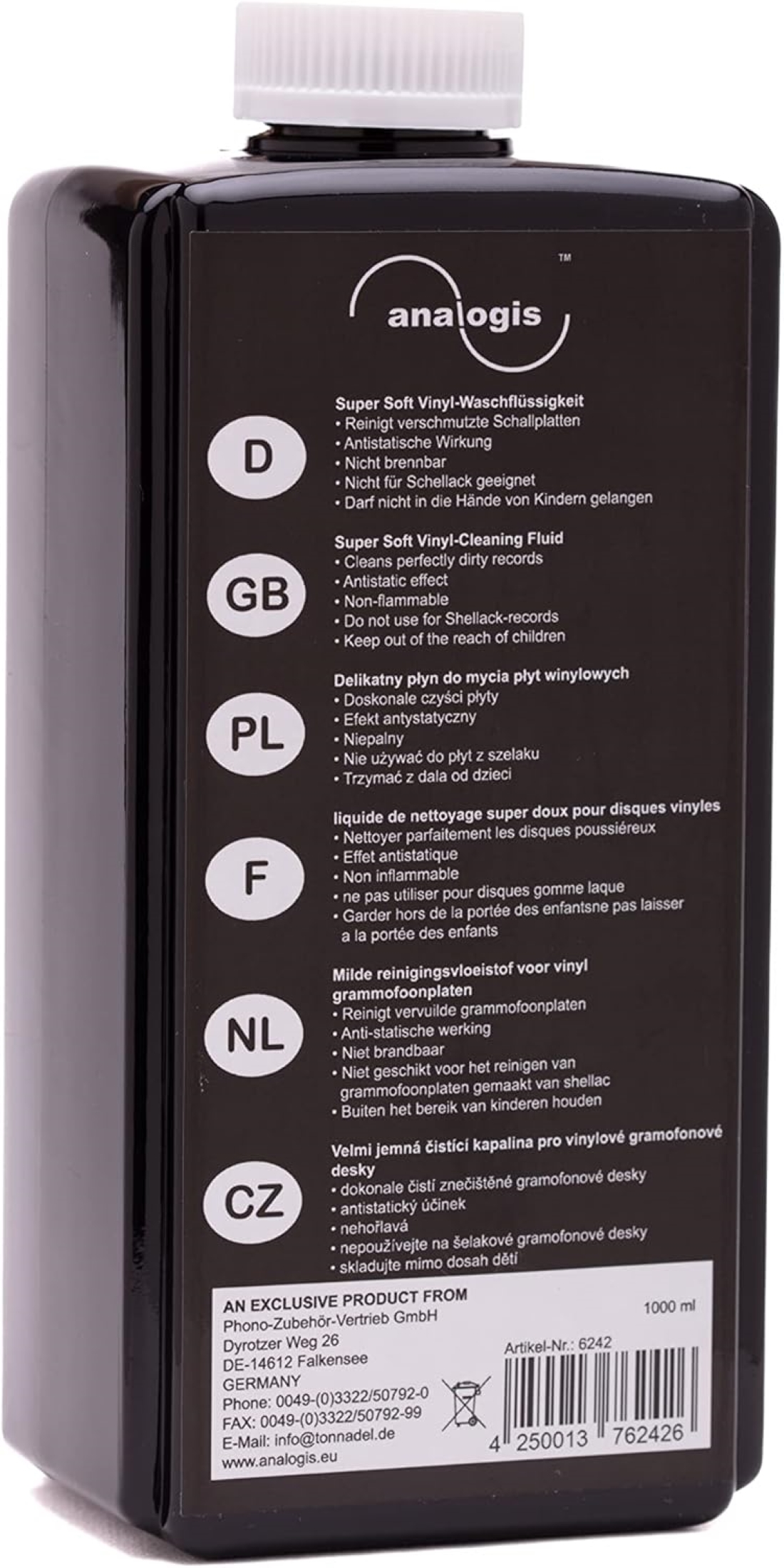 Czarna butelka z logo Analogis, płyn do czyszczenia płyt winylowych, 1000 ml.