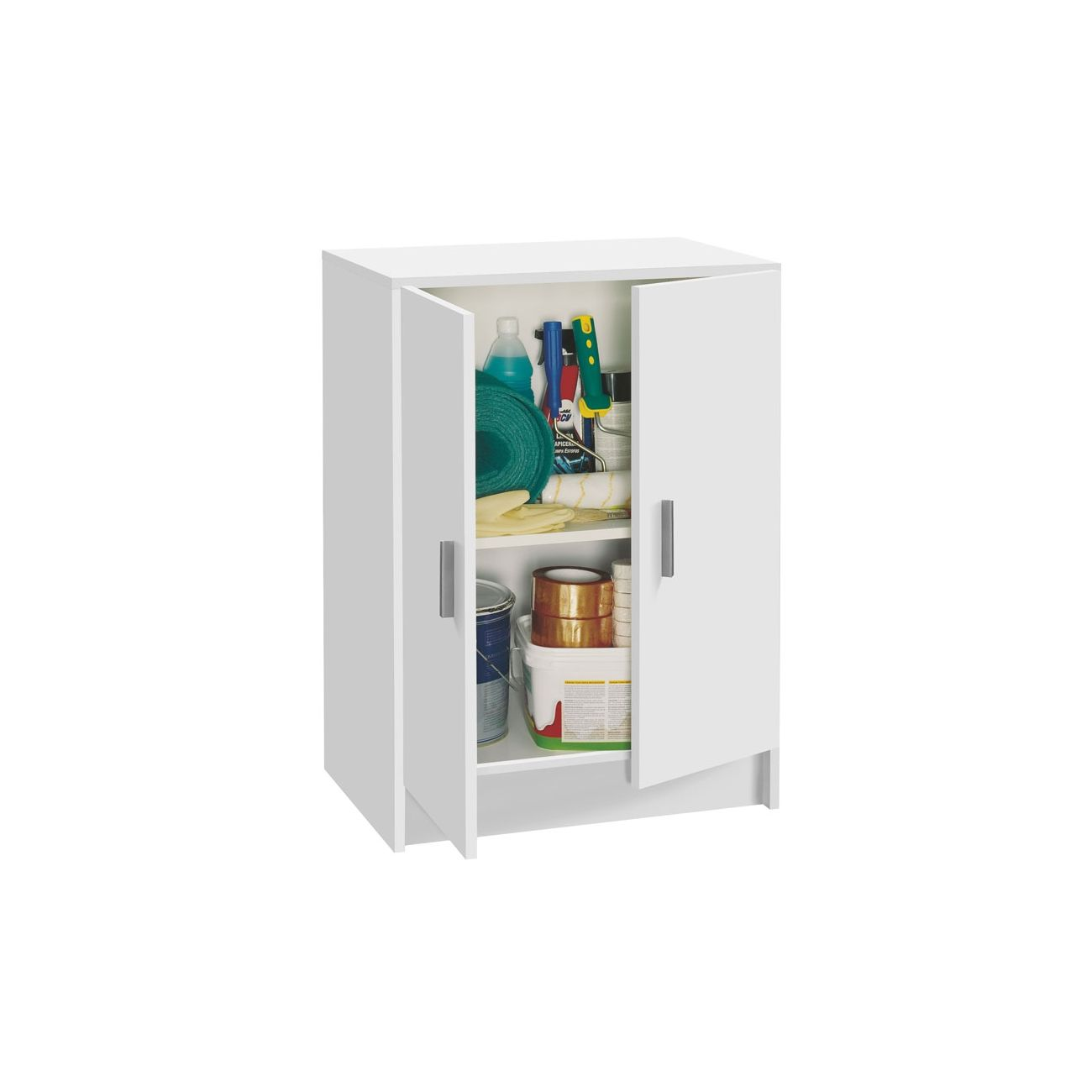 Un armario blanco con puertas abiertas, lleno de artículos de limpieza y latas de pintura.