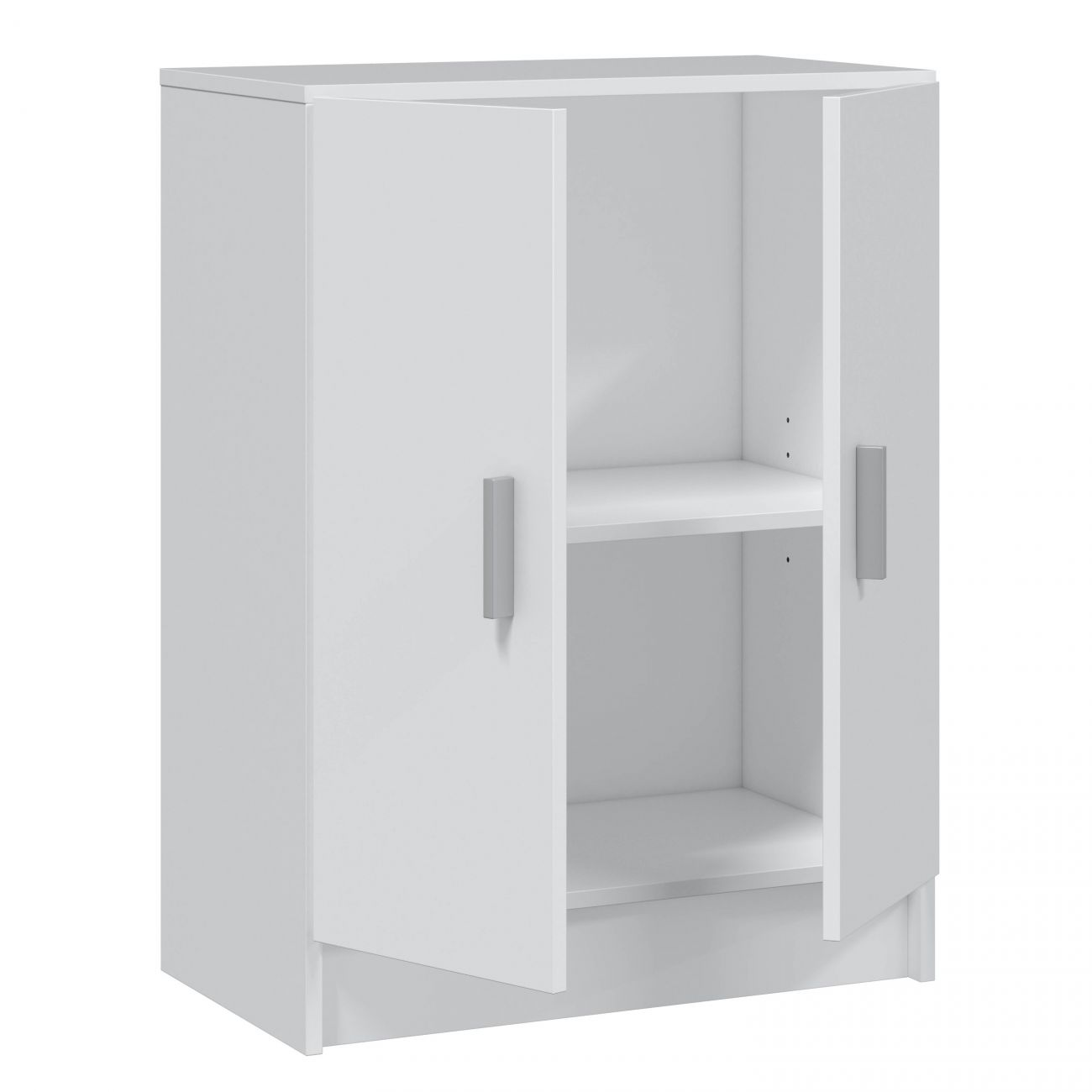 Un armario blanco con dos puertas abiertas y dos estantes dentro.