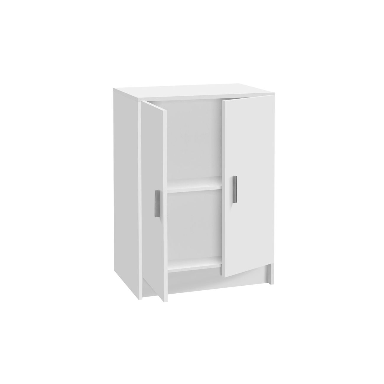 Un armario blanco con dos puertas abiertas y dos estantes.