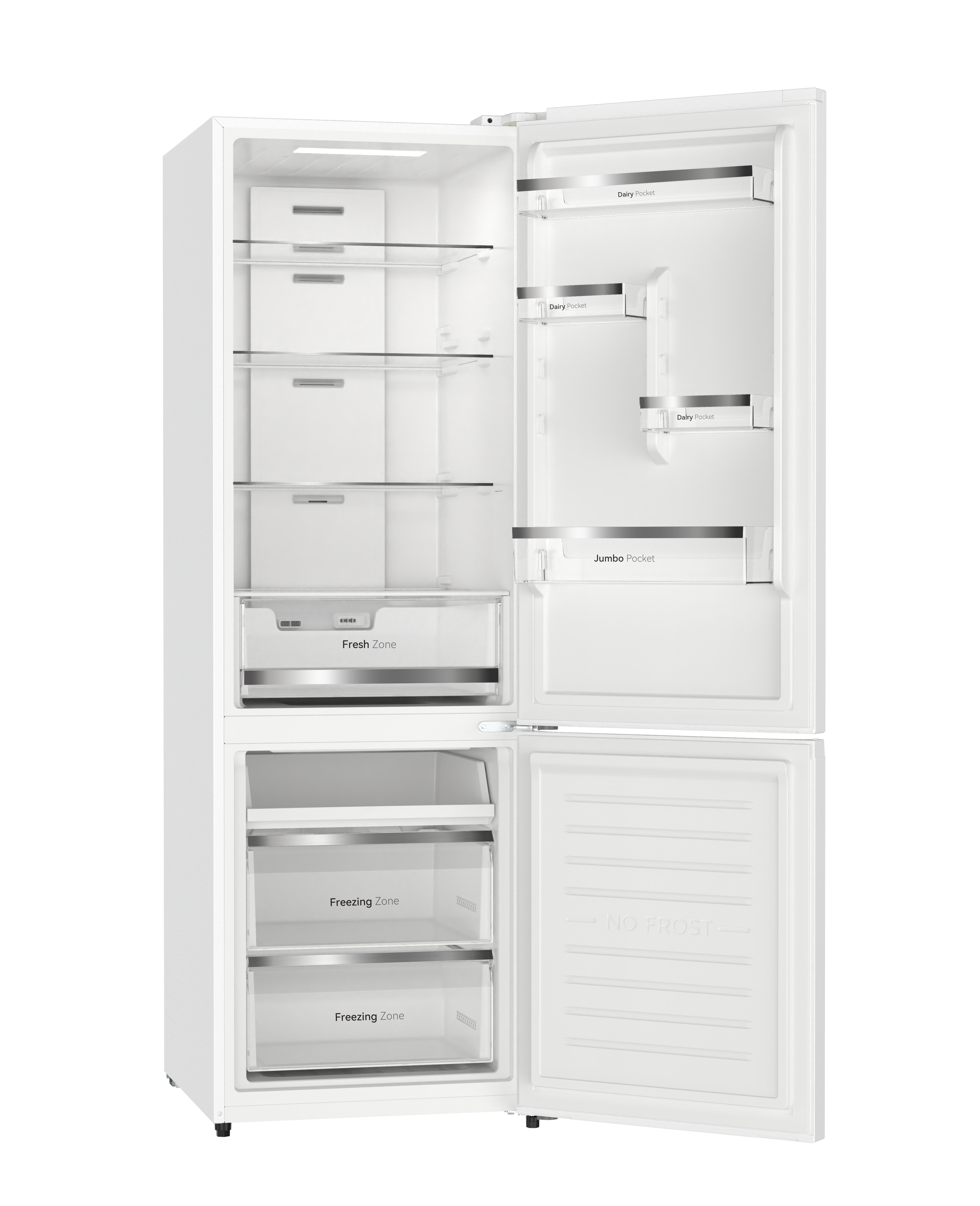 Un refrigerador blanco vacío con puertas abiertas, mostrando estantes y cajones.