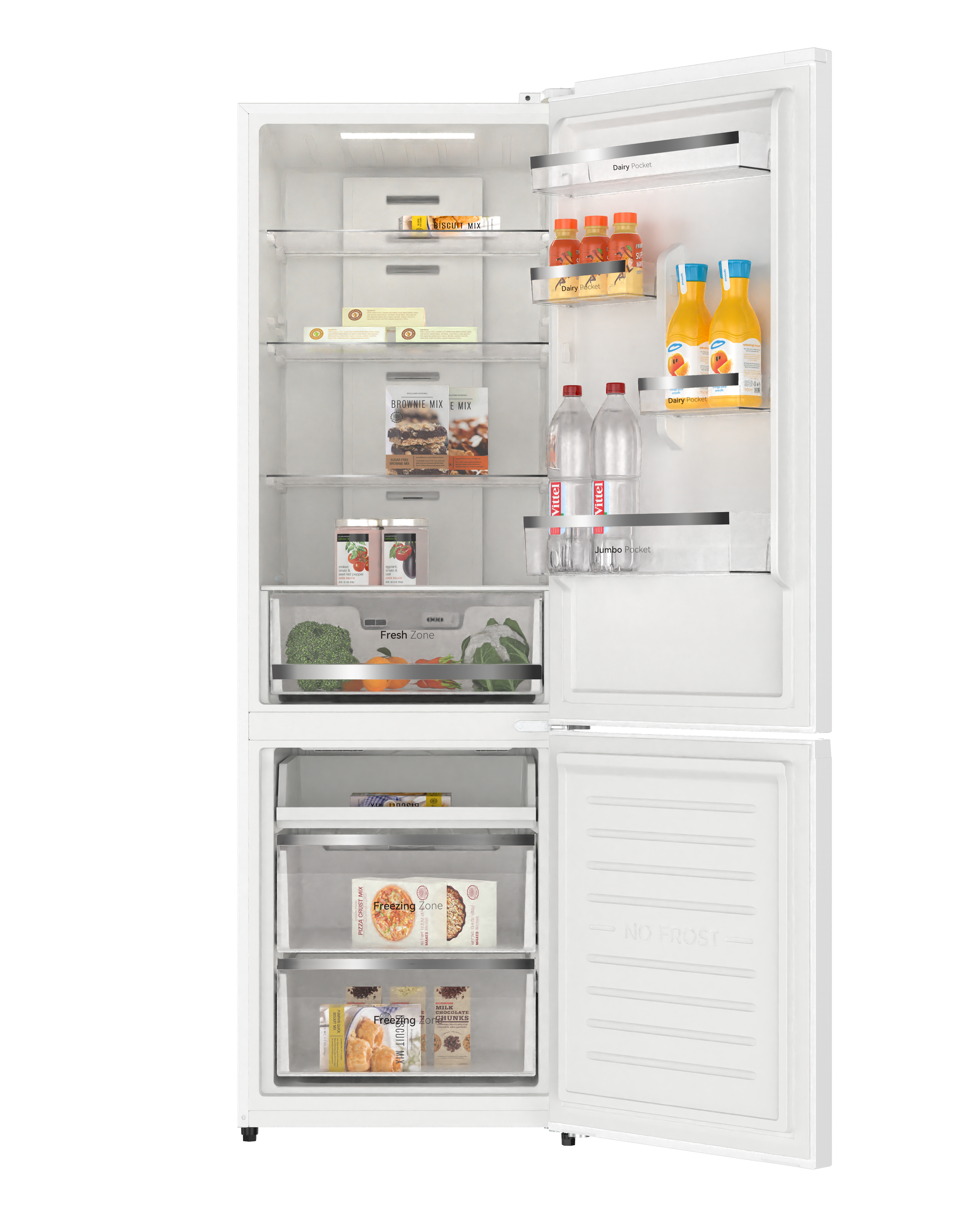 Un refrigerador blanco abierto con alimentos, incluyendo jugos, agua y mezclas para hornear.