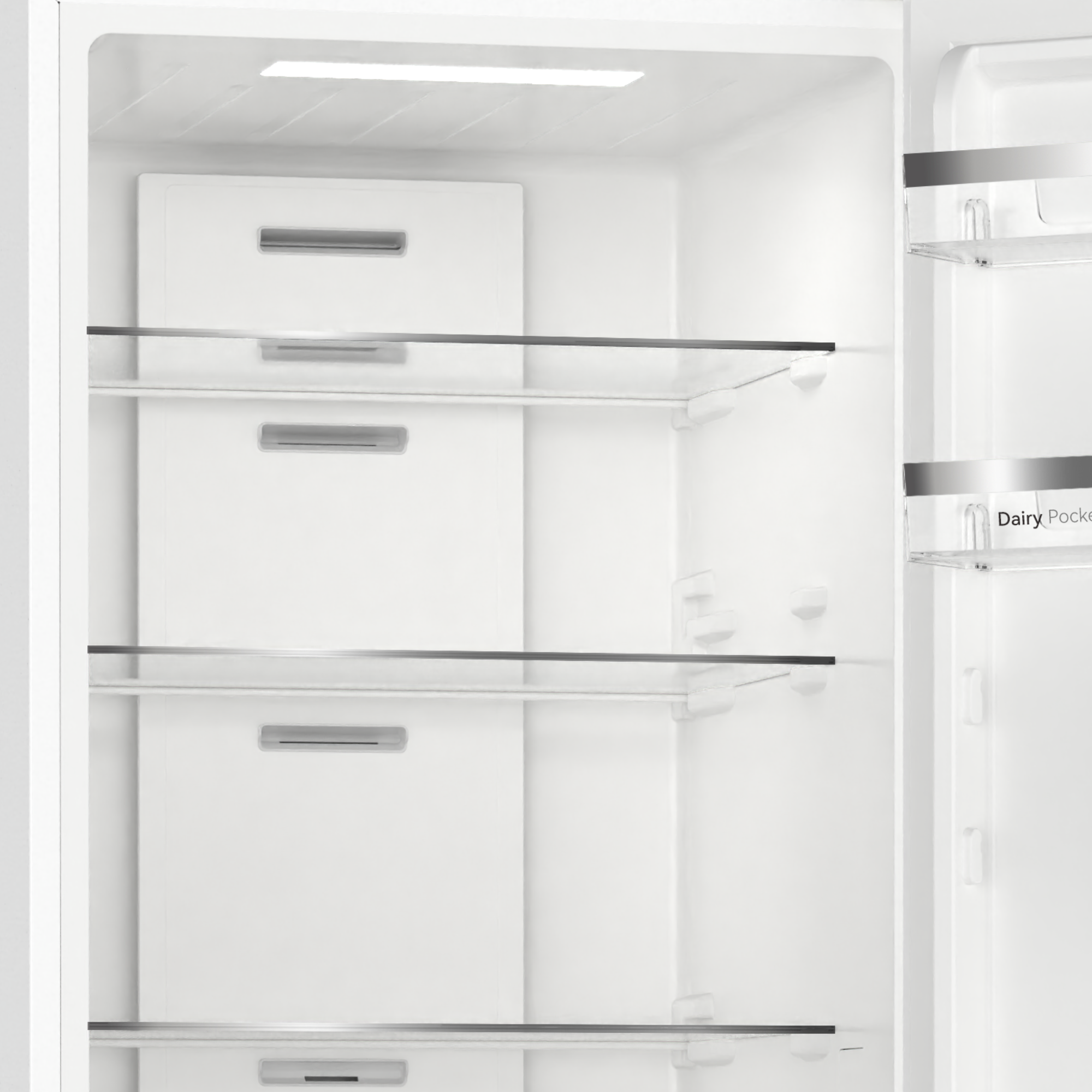 Un refrigerador blanco vacío con estantes de vidrio y cajones.