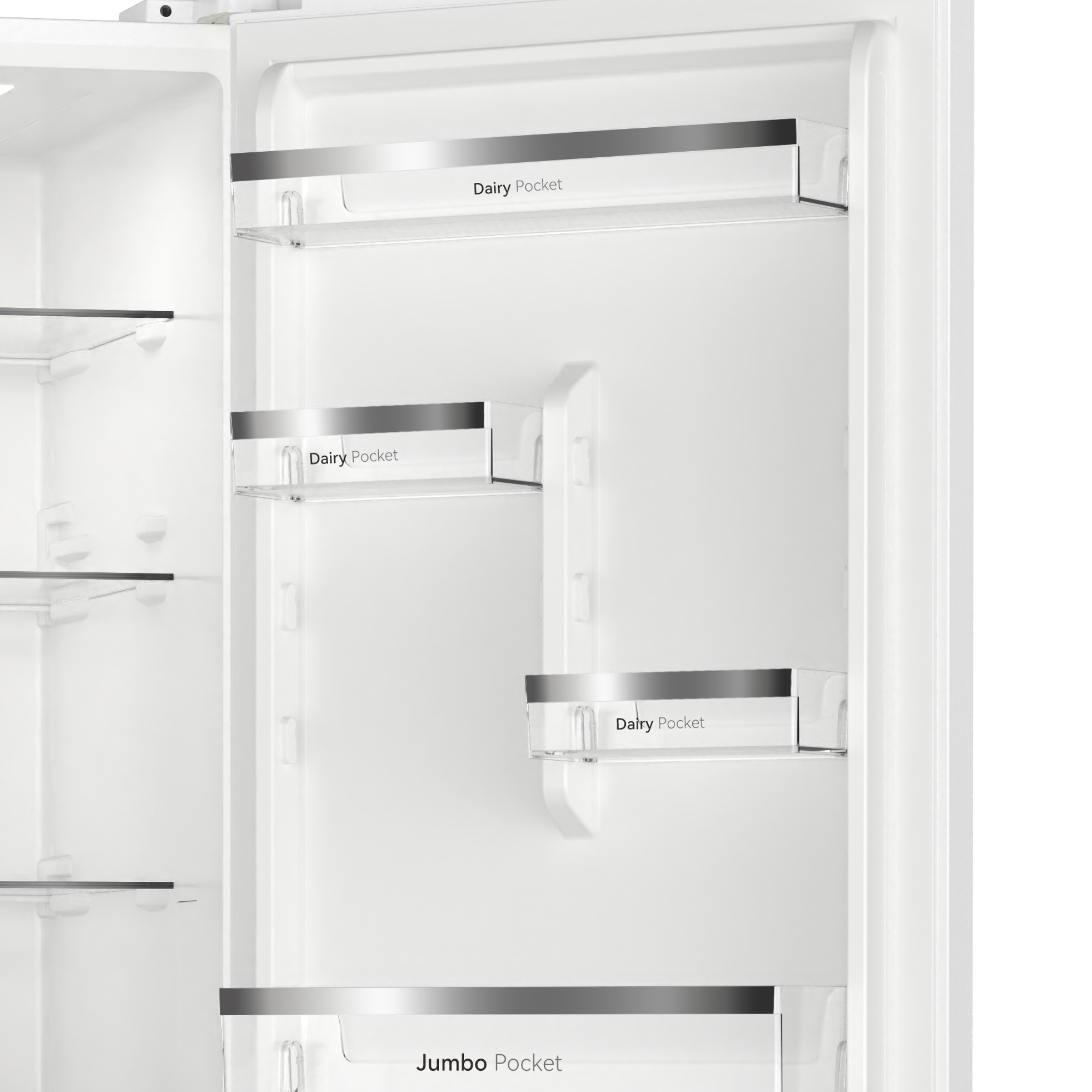 Interior de un refrigerador blanco con estantes y compartimentos.