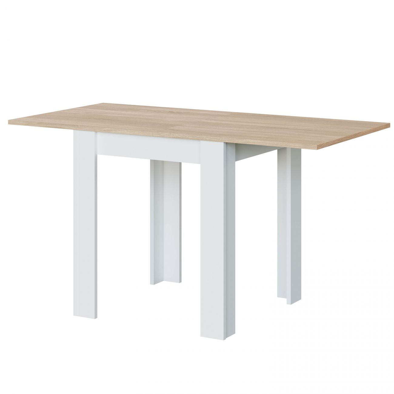 Una mesa rectangular con tapa de chapa de madera clara y patas blancas.