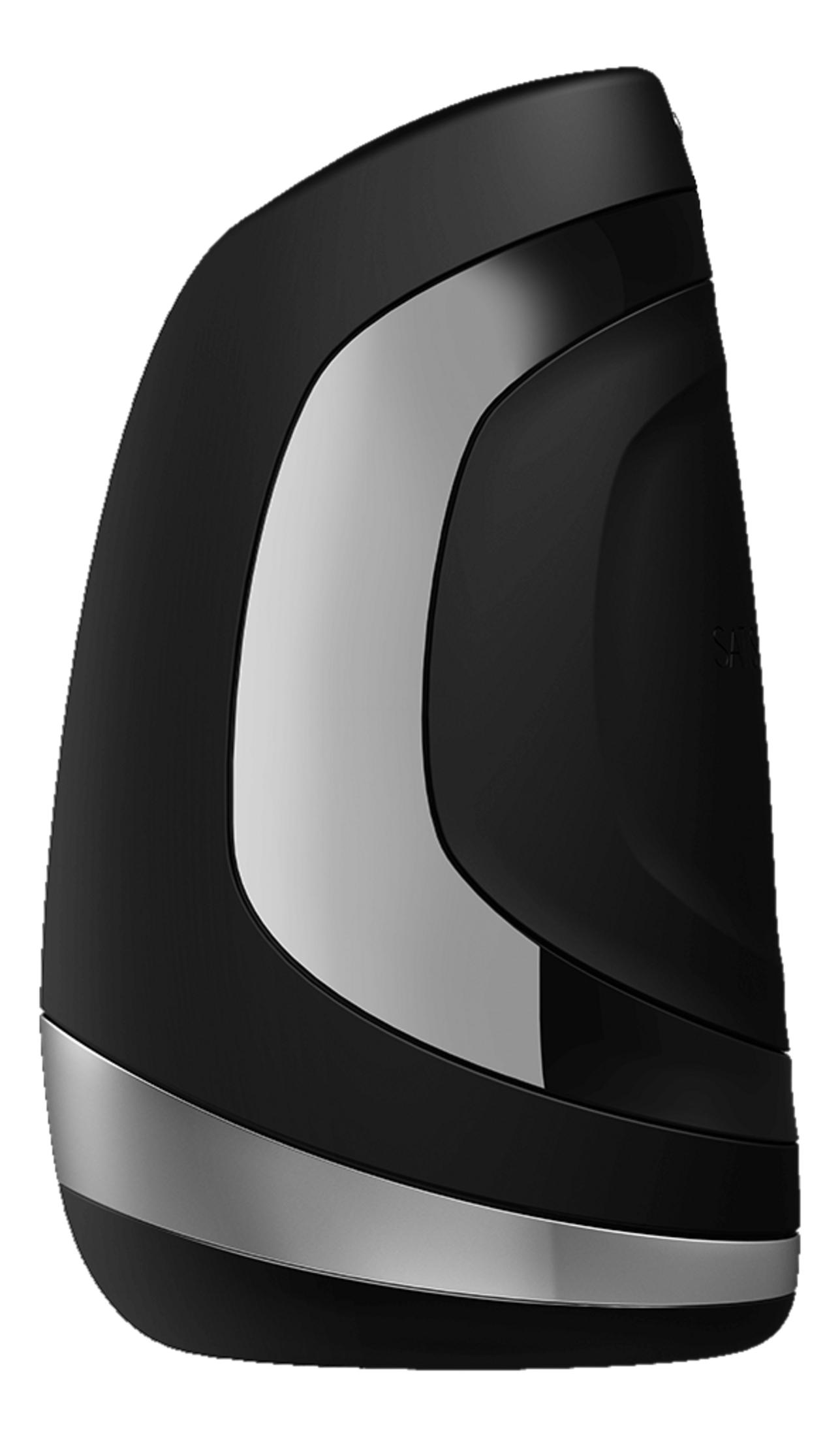 Czarny, futurystyczny gadżet z srebrnymi akcentami.