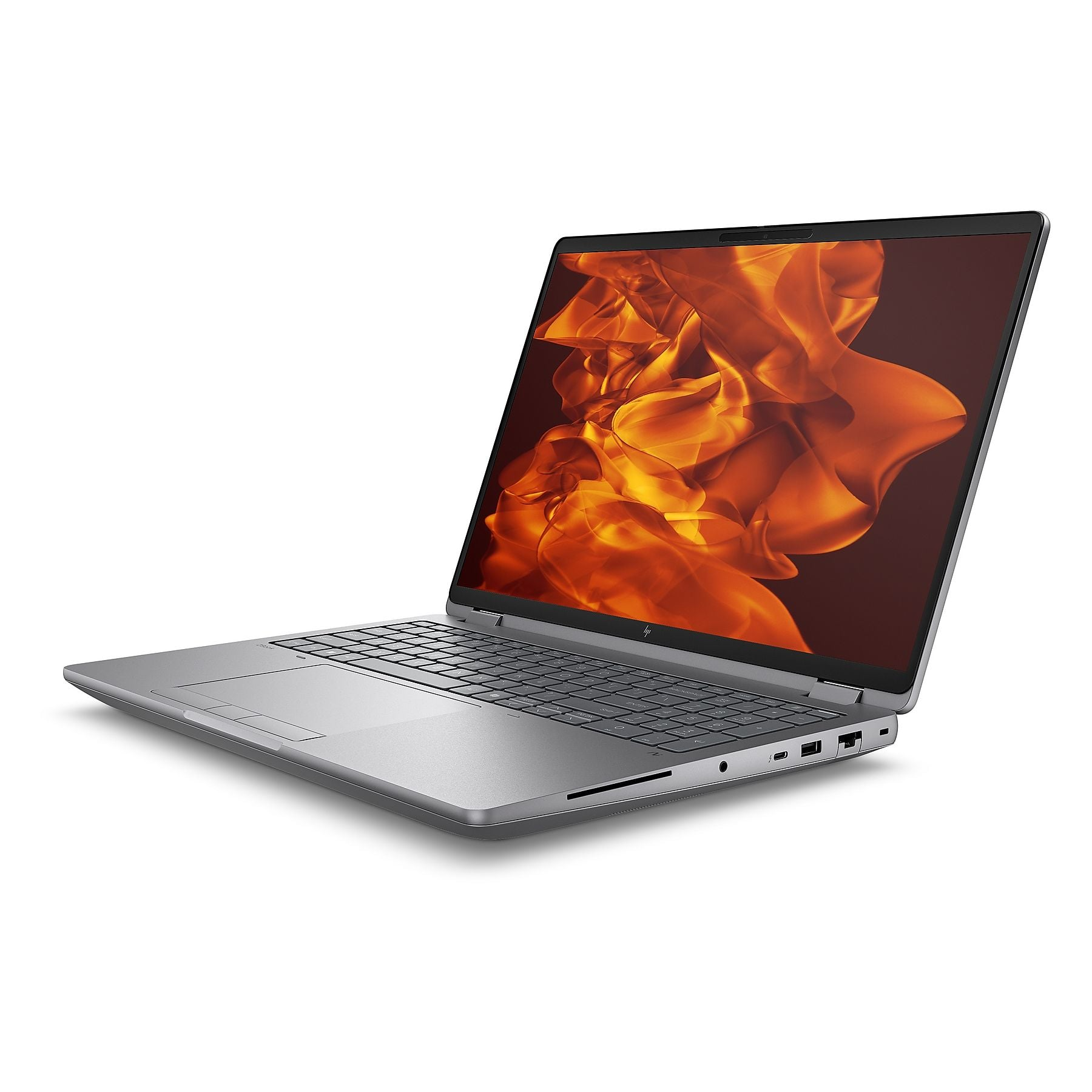 Un laptop argentato con uno sfondo astratto arancione sullo schermo.