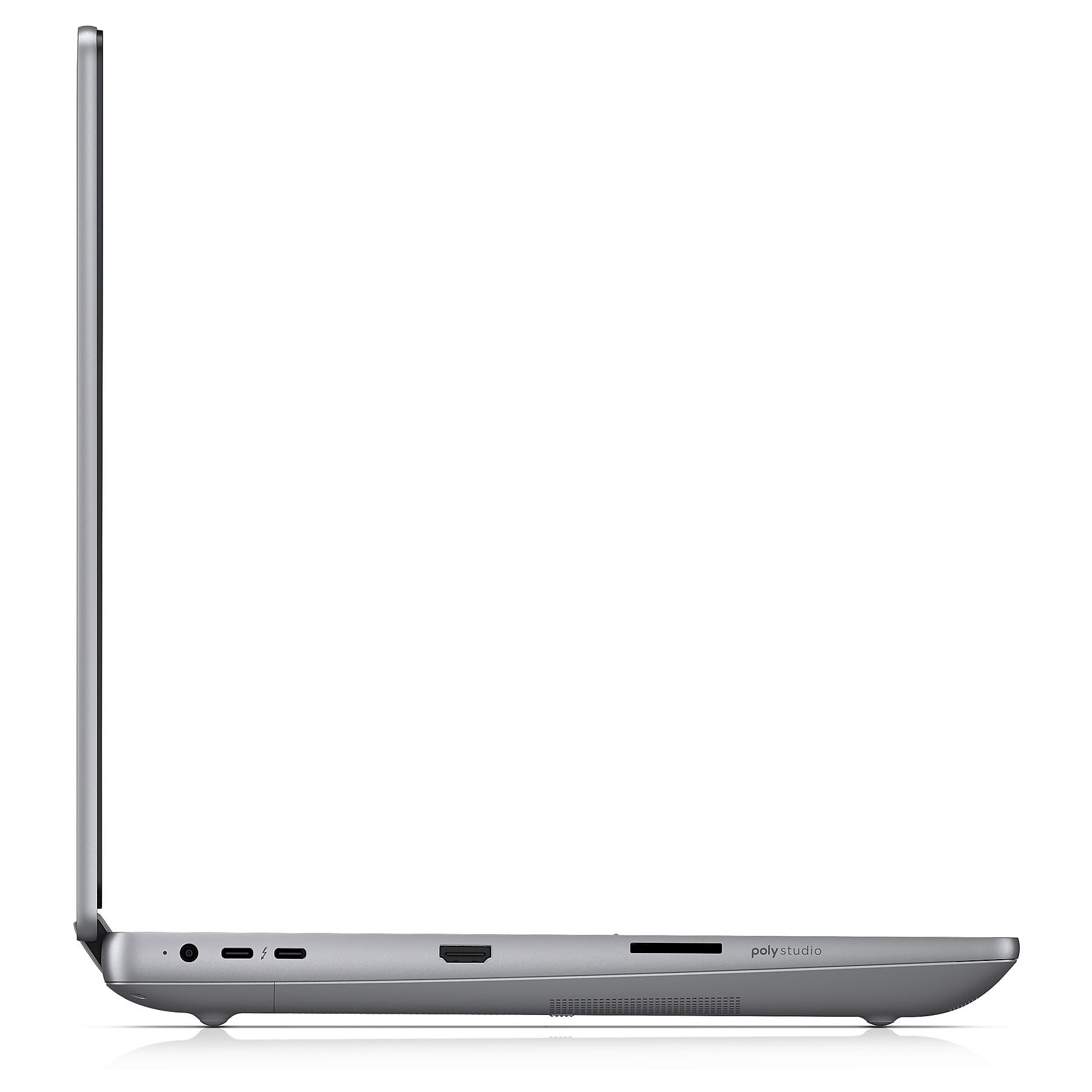 Laptop argento con schermo aperto, con porte sul lato.