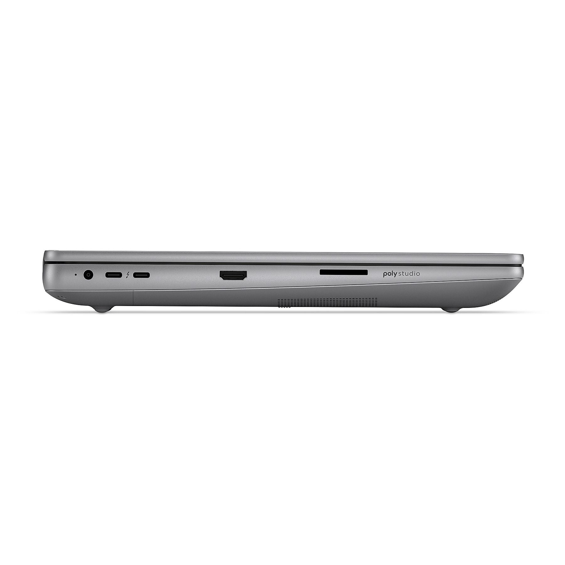 Laptop grigio, vista laterale sinistra con porte: audio, USB-C, HDMI, lettore SD.