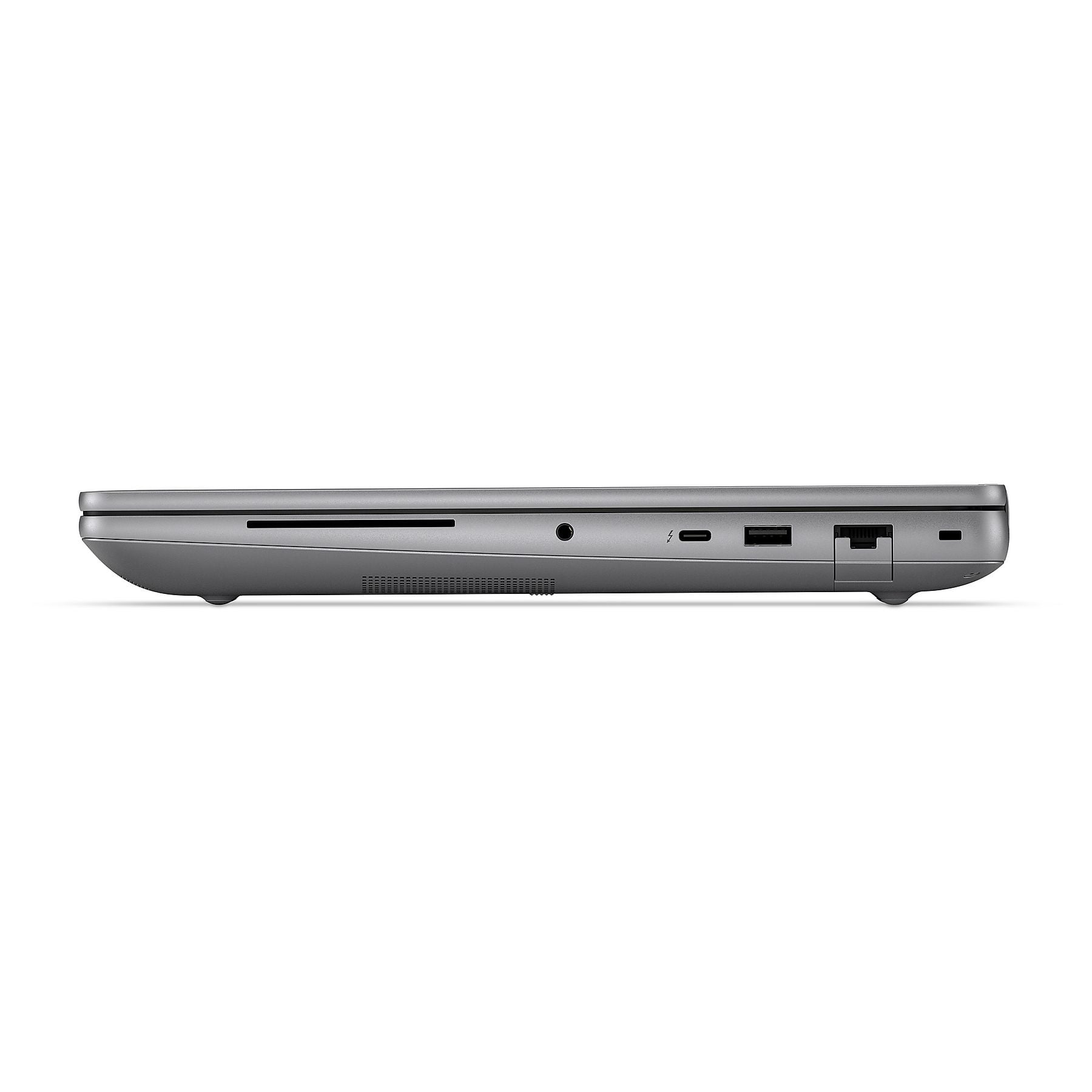 Lato laptop grigio con porte: lettore schede SD, jack audio, Thunderbolt, USB-A, Ethernet.