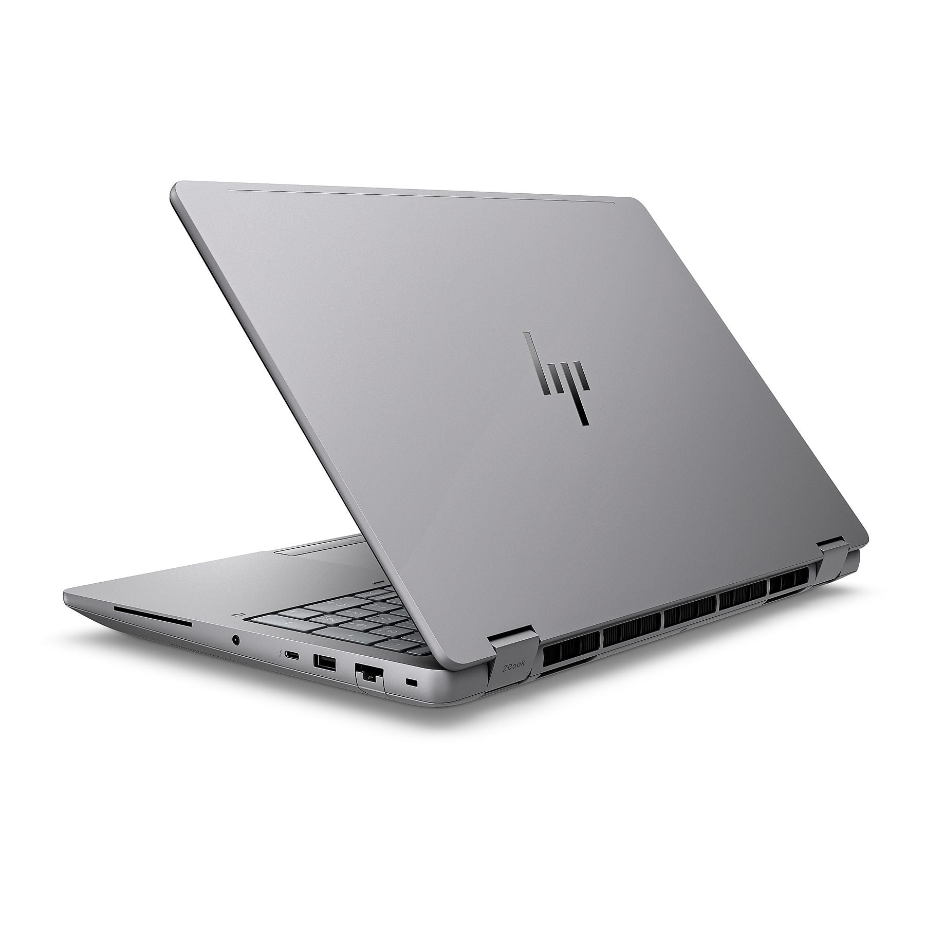 Laptop HP ZBook argento, aperto, mostra tastiera e porte.