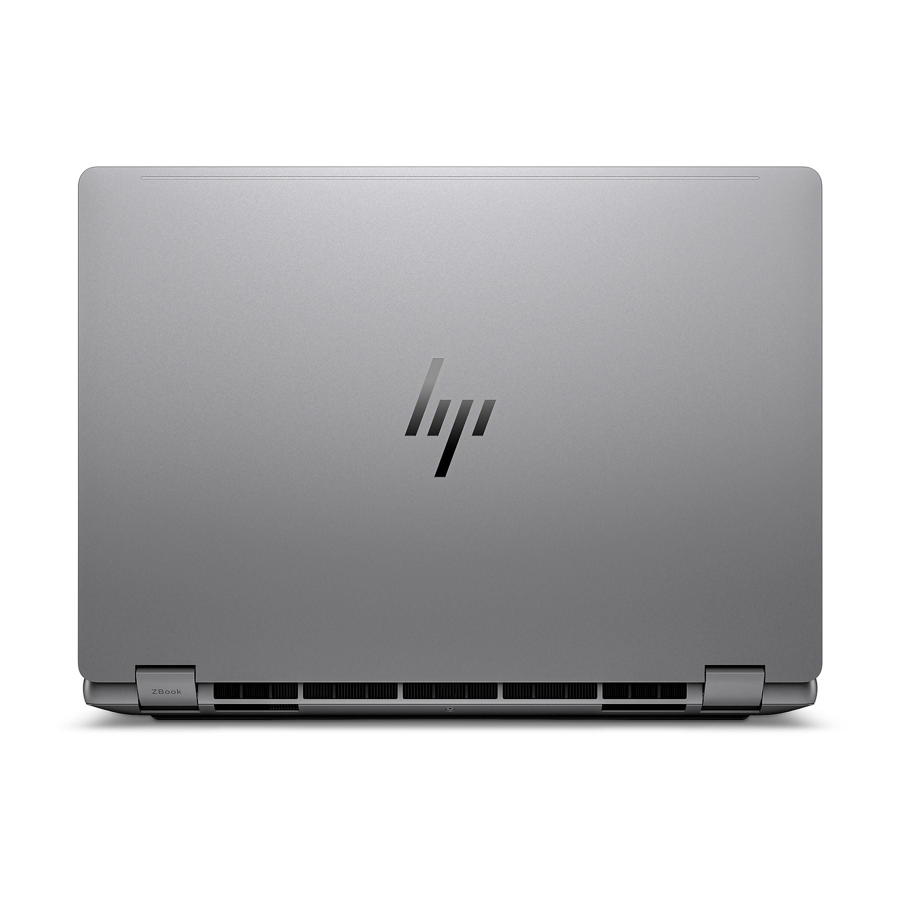 Vista posteriore di un laptop HP argentato chiuso con prese d'aria e logo.