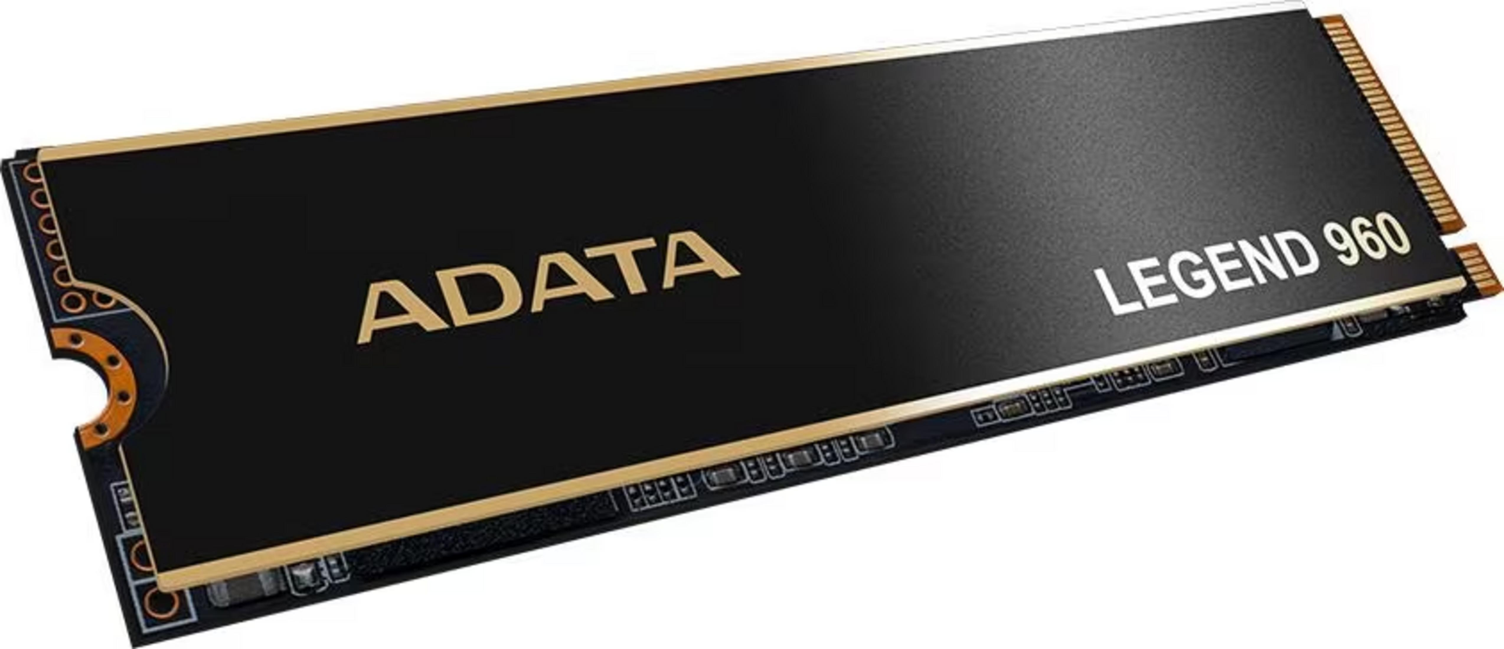 Czarny dysk SSD ADATA Legend 960 ze złotymi akcentami i złączami.