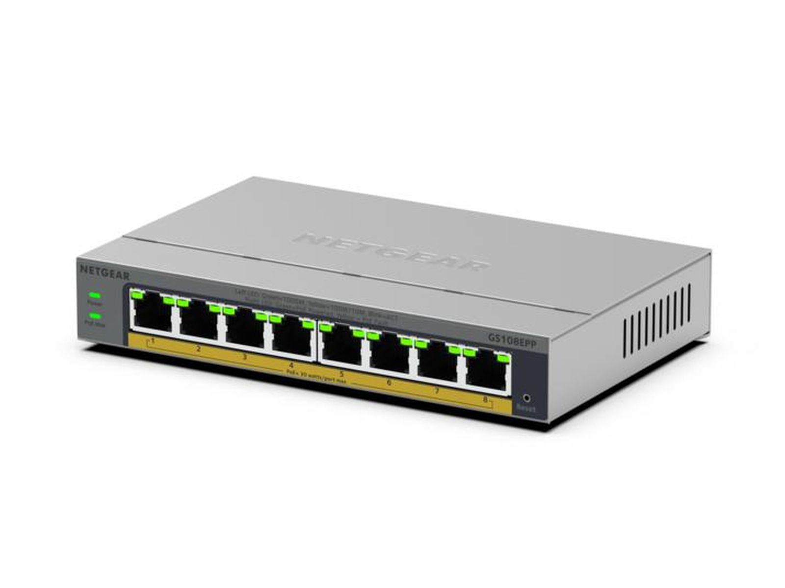 Uno switch di rete argentato a 8 porte con luci verdi e logo "NETGEAR".