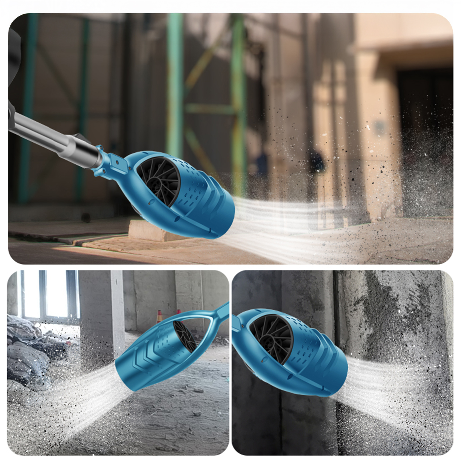 Un dispositivo de limpieza azul expulsa polvo y escombros, primer plano.