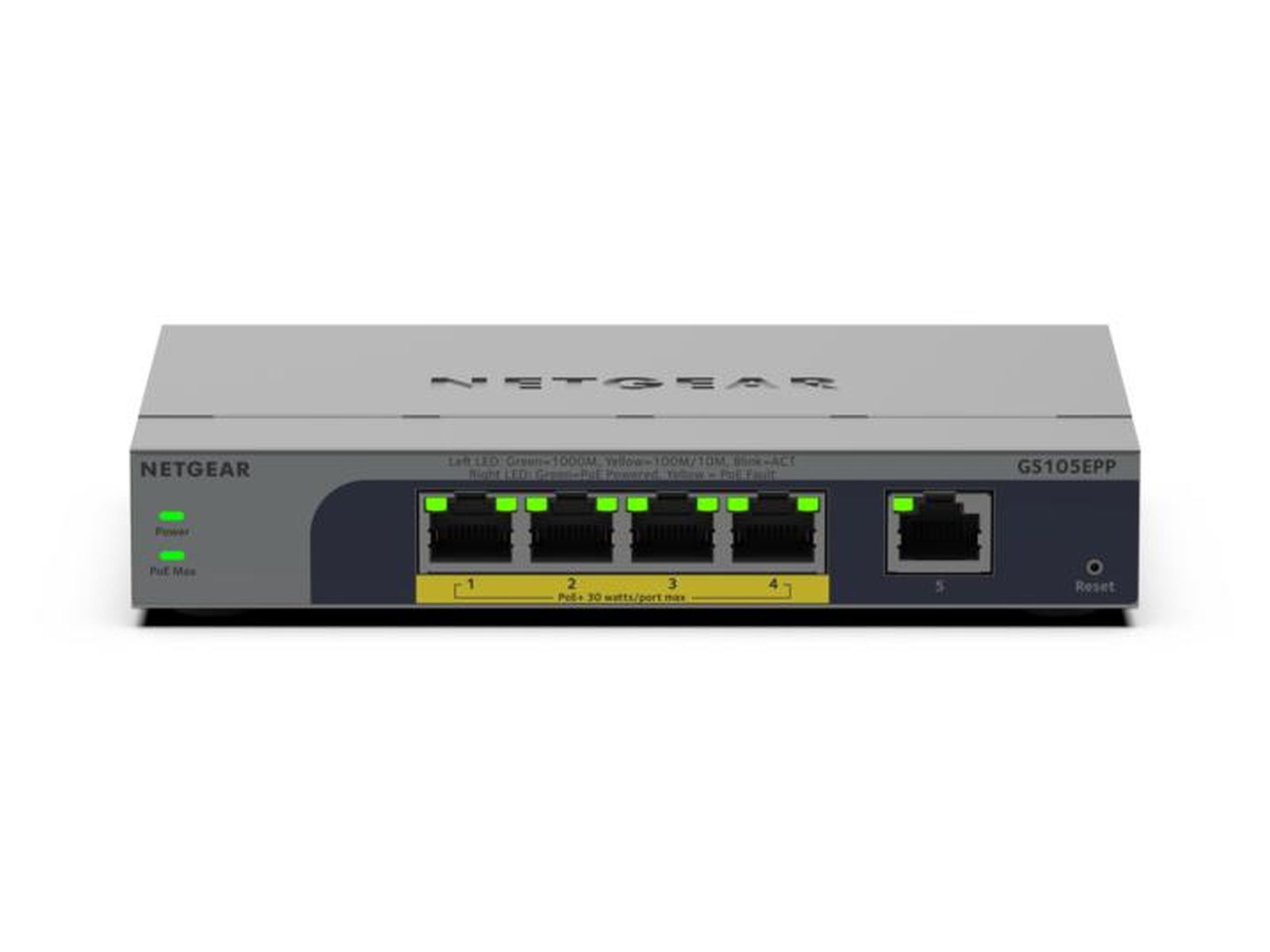Switch Netgear GS105EPP con 5 porte, LED verdi e gialli e pulsante di reset.