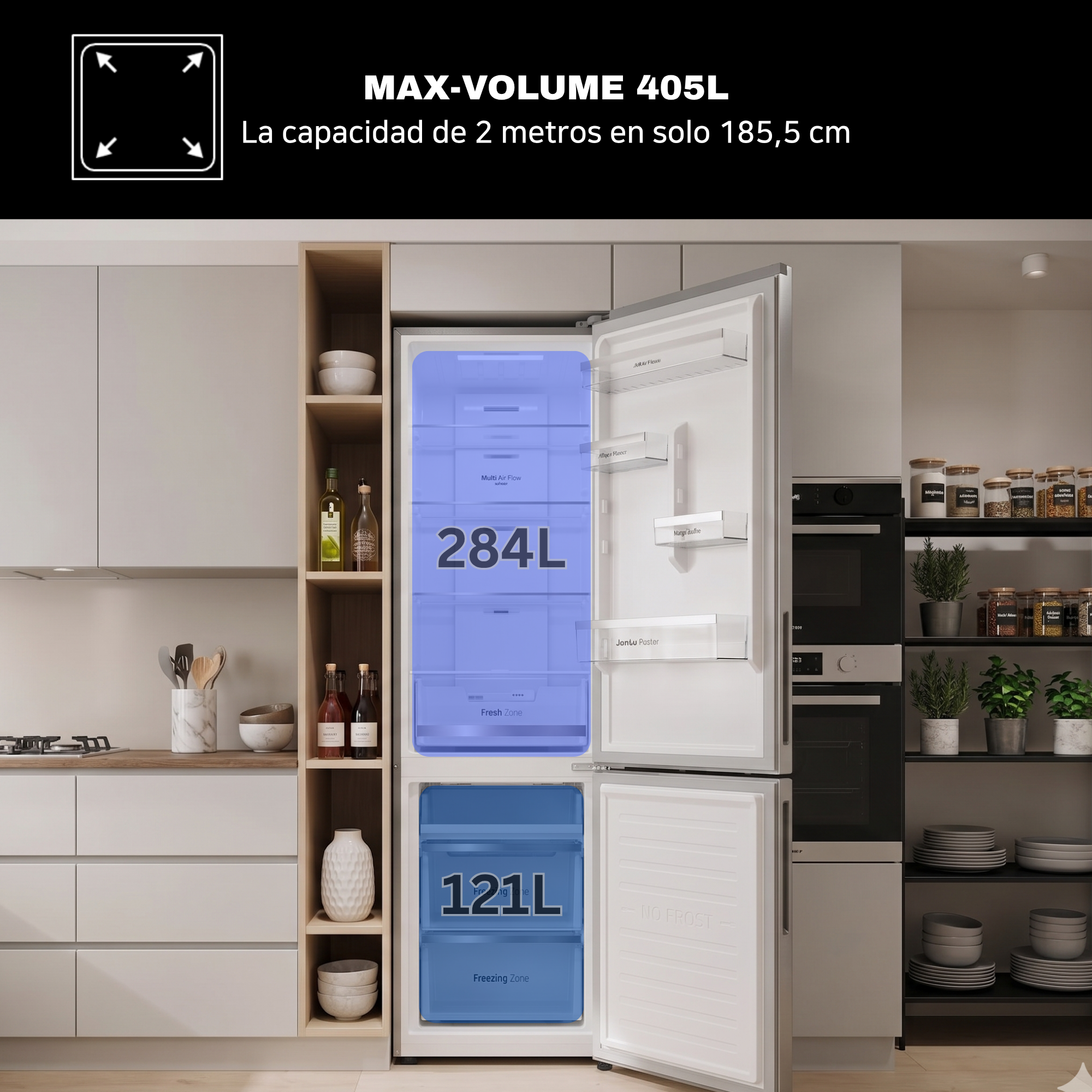 Refrigerador abierto que muestra 284L de nevera y 121L de congelador en cocina.