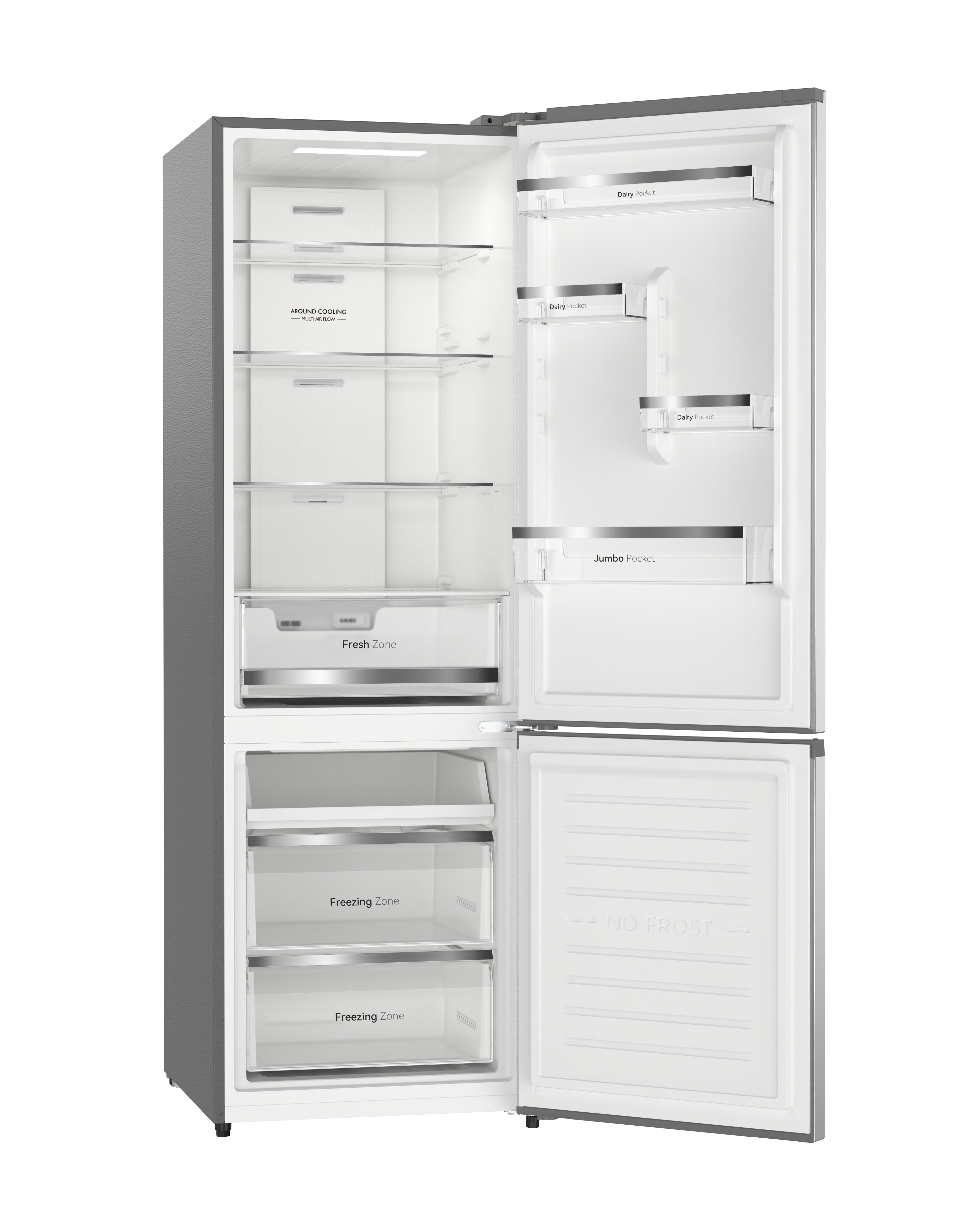 Un refrigerador moderno y abierto con varios estantes y cajones.