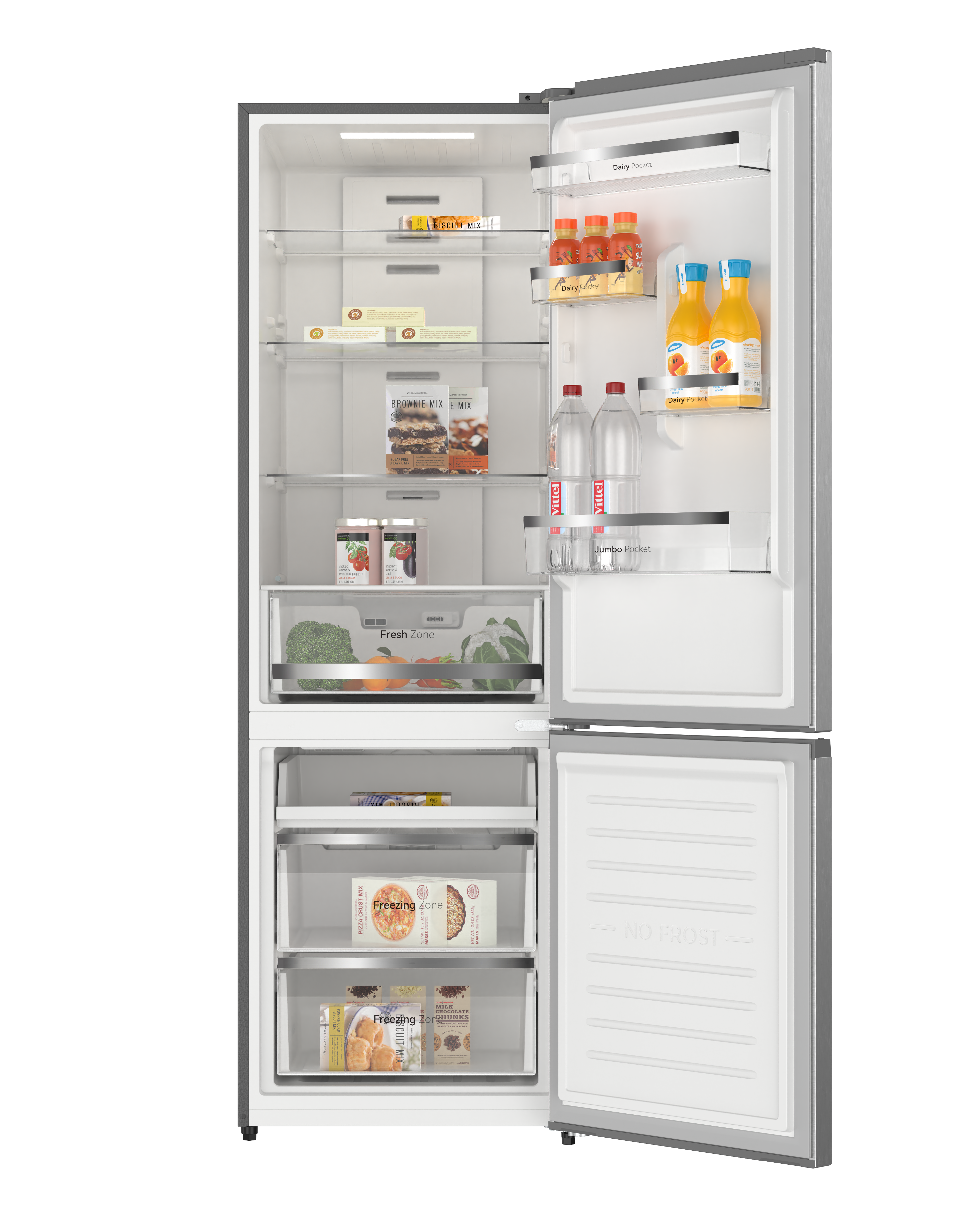 Un refrigerador abierto con alimentos en sus estantes.
