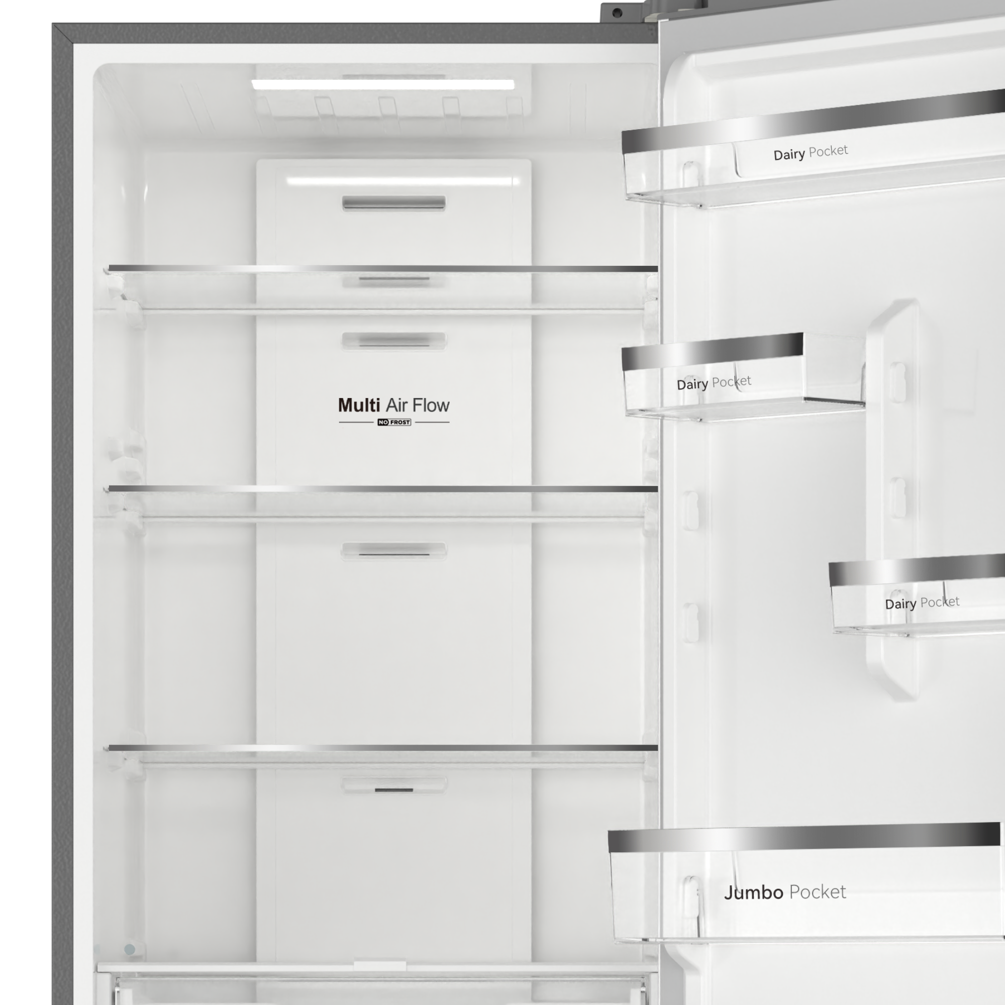 Vista interior de un refrigerador vacío y limpio con estantes y compartimentos.