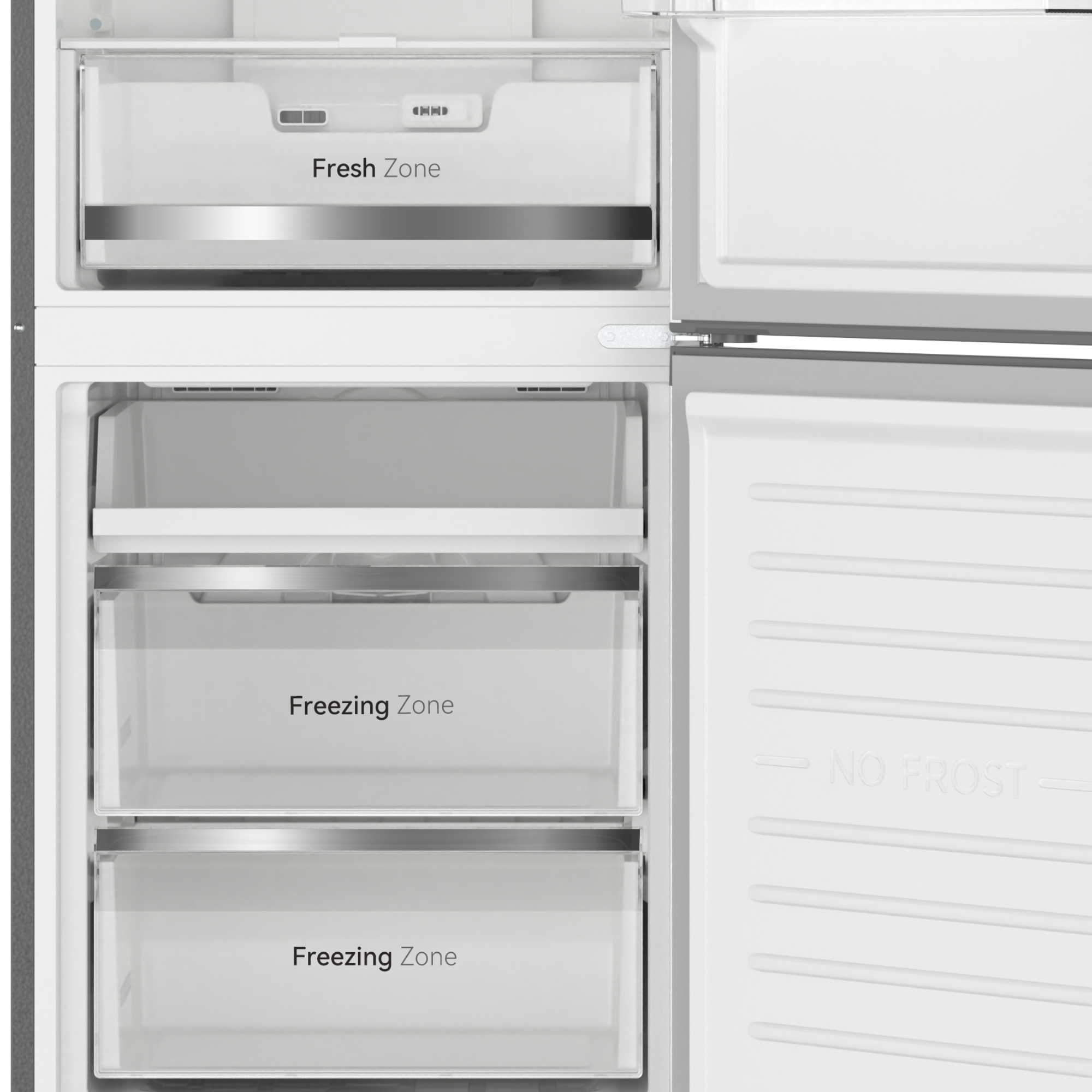 Un refrigerador con tres cajones: una Zona Fresca arriba, dos Zonas de Congelación.