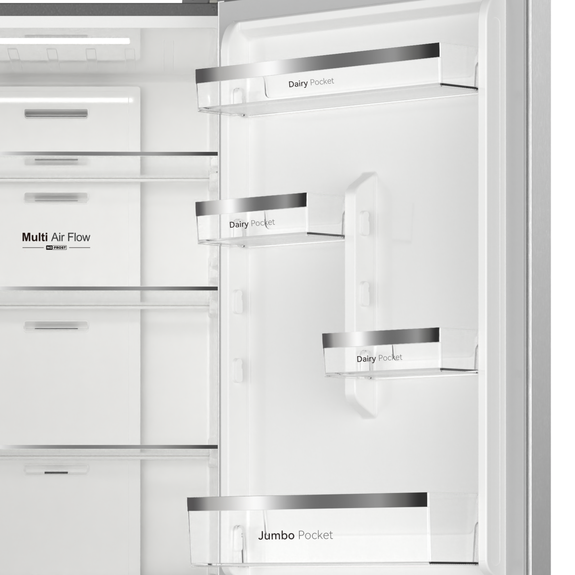Interior de frigorífico vacío con estantes, cajones y compartimentos 'Dairy Pocket'.