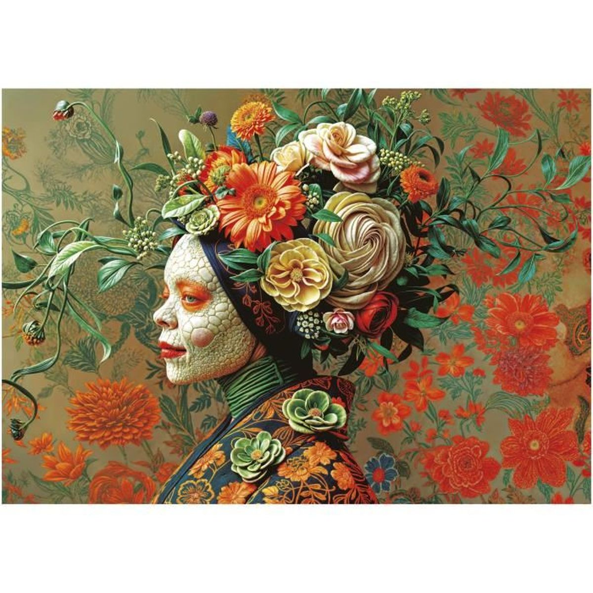 Eine Frau mit Blumen im Haar und einem gemusterten Kleid vor floralem Hintergrund.