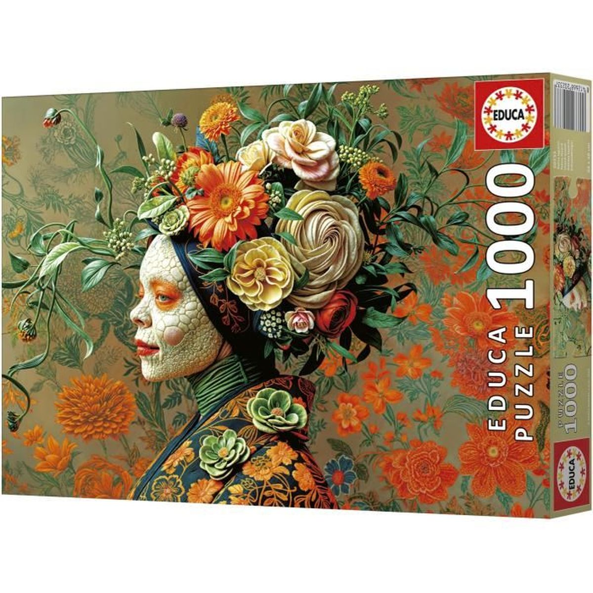 Eine Frau mit Blumen im Haar, die einen gemusterten Mantel trägt.
