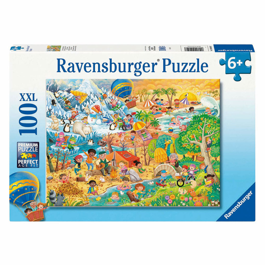Puzzle Ravensburger: Scene invernali ed estive con bambini, animali e mongolfiere.