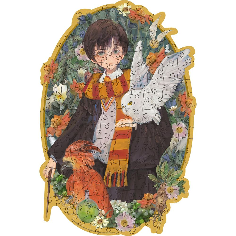 Ein Junge mit Brille und Schal, ein weißer Vogel und ein roter Vogel vor Blumen.