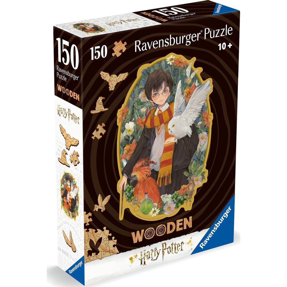Ravensburger Holzpuzzle mit Harry Potter Motiv: Harry, Hedwig und ein Phönix.