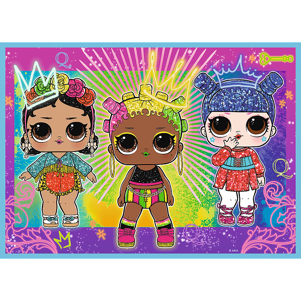 Tres muñecas con coronas sobre un fondo colorido con estrellas.