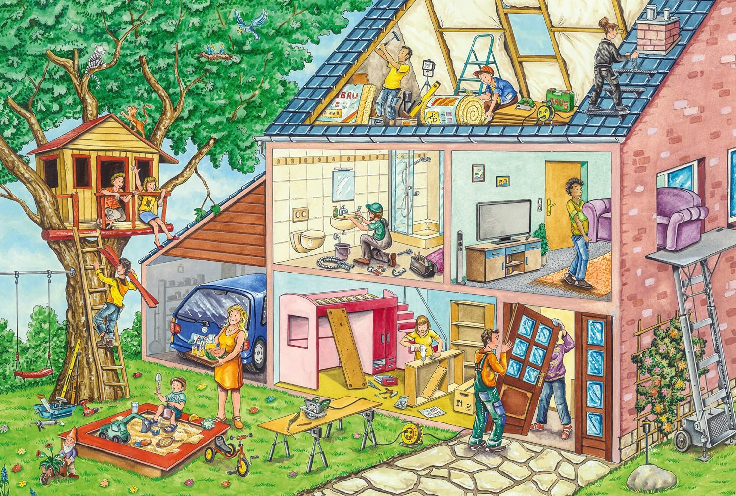Haus im Bau mit Garten: Kinder im Baumhaus, Auto, Sandkasten, Dacharbeiten, Bad, Wohnzimmer.