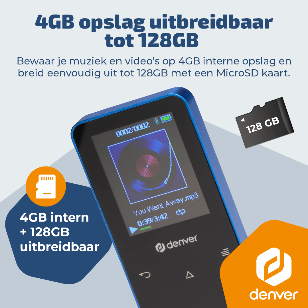 A blue Denver MP3 player with a MicroSD slot and a 128GB card.