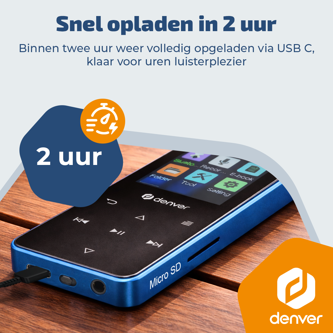 A blue Denver MP3 player with USB-C connection and charging indicator.