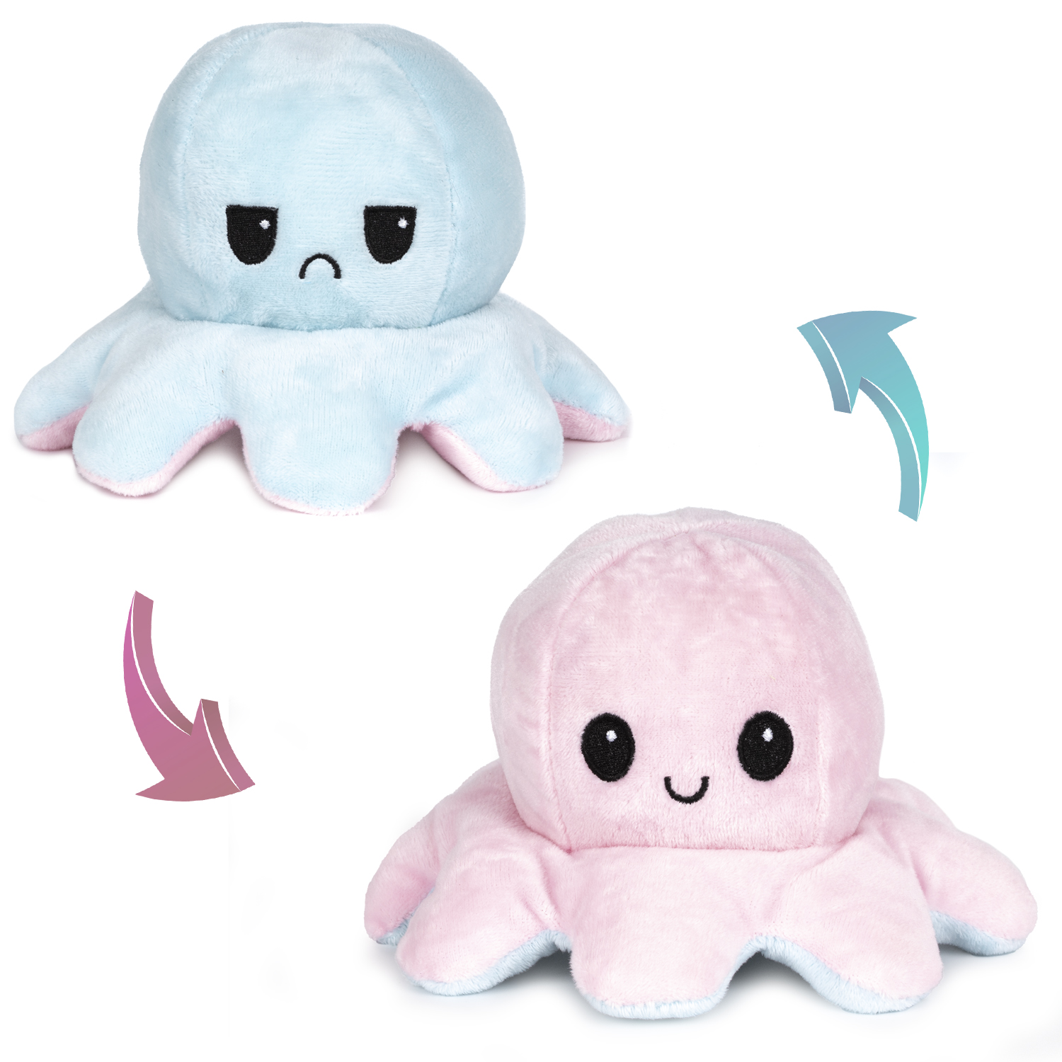 Due polpi di peluche reversibili: uno blu con faccia triste, uno rosa con faccia felice.