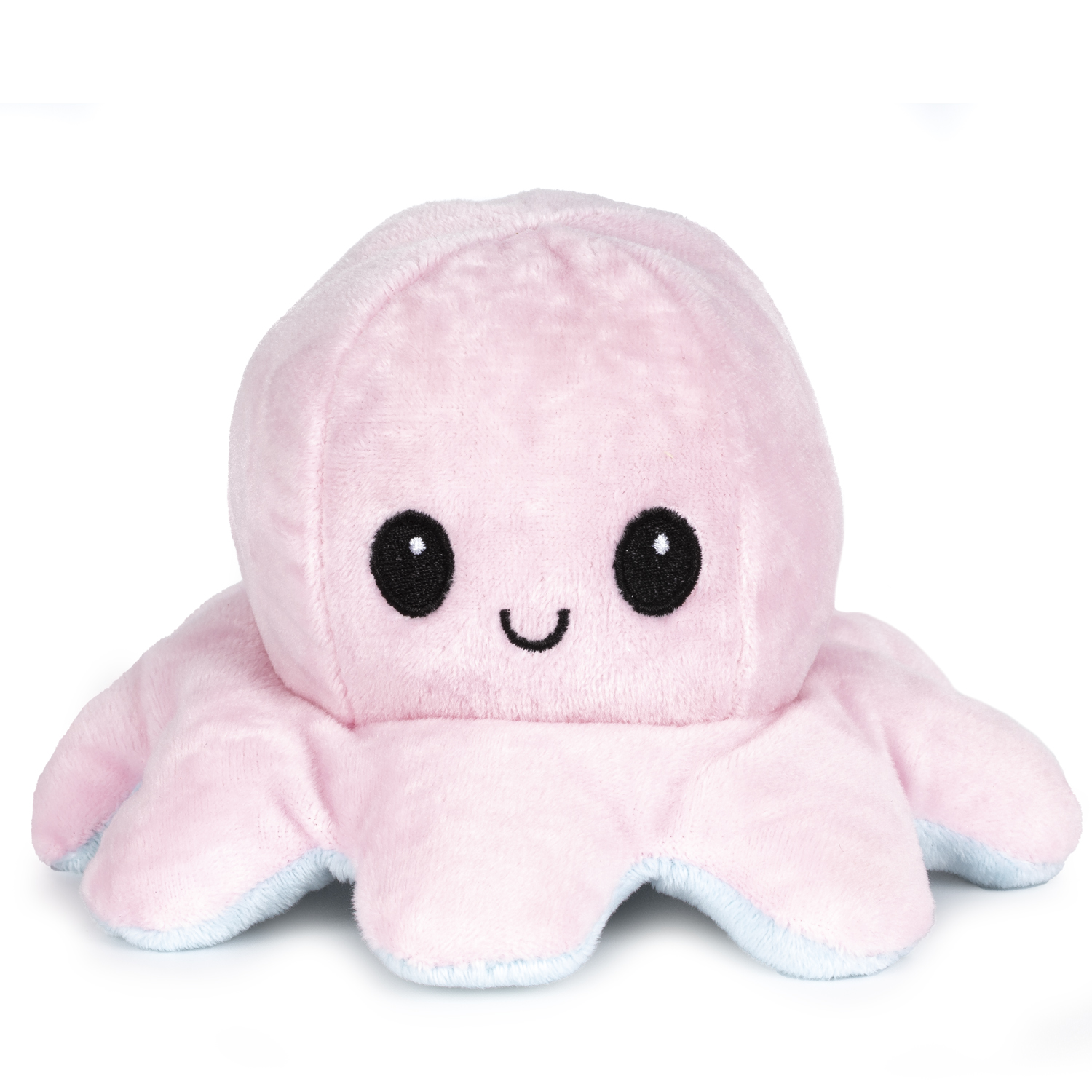 Un morbido peluche polpo rosa chiaro con le parti inferiori dei tentacoli blu.